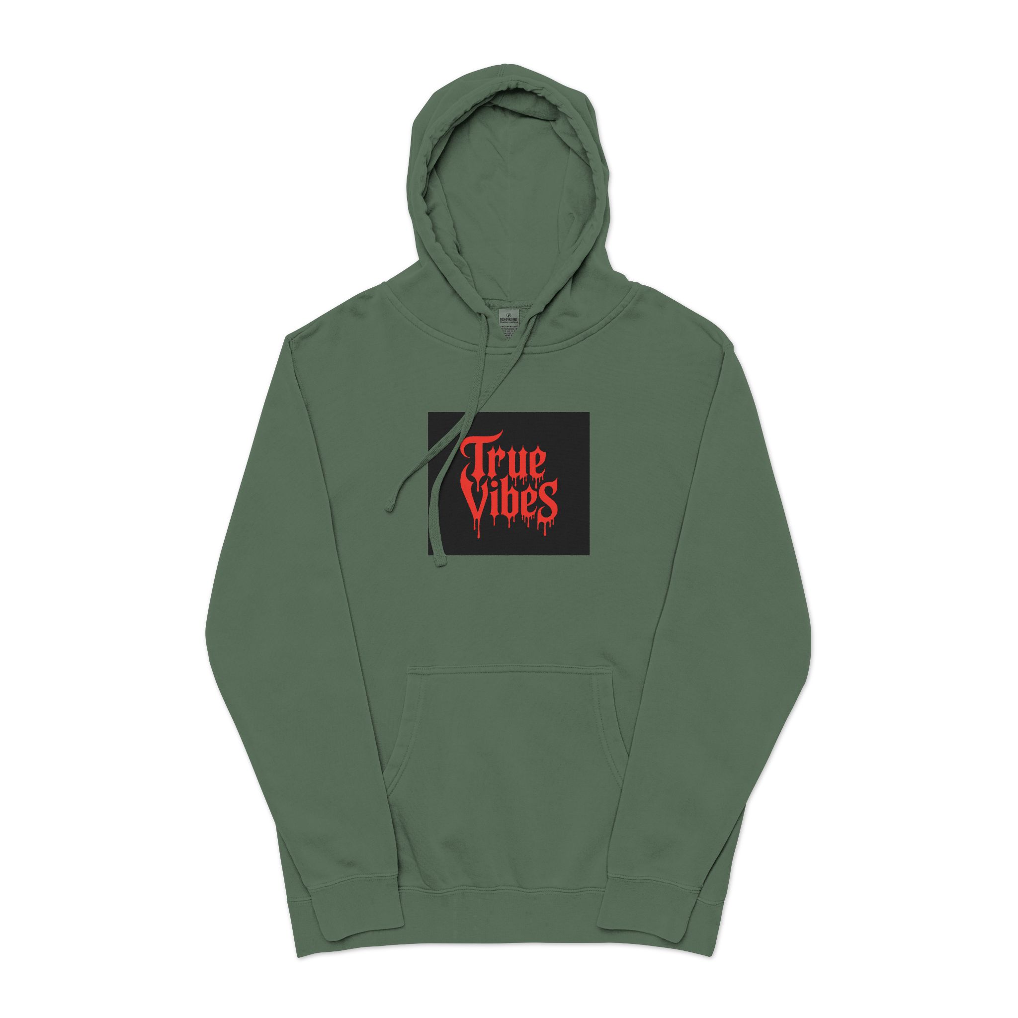 True Vibes Bold Red Gothic Drip Text Black Unisex Pigment Dyed Hoodie Embroidery - Image 13