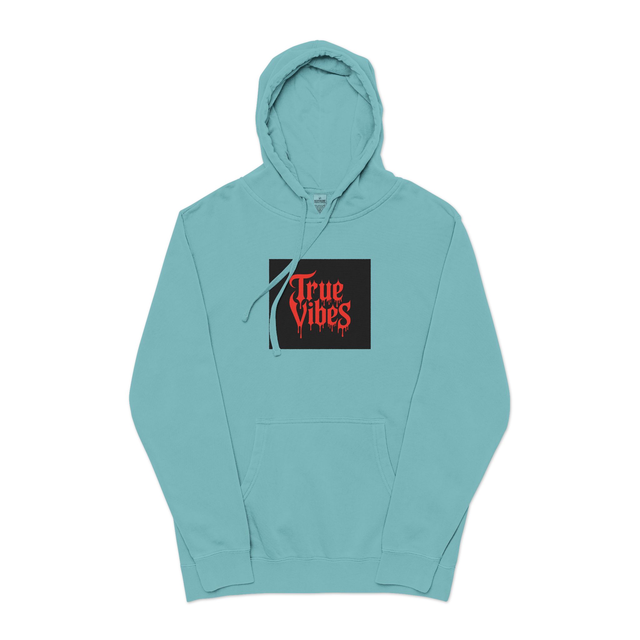 True Vibes Bold Red Gothic Drip Text Black Unisex Pigment Dyed Hoodie Embroidery - Image 9