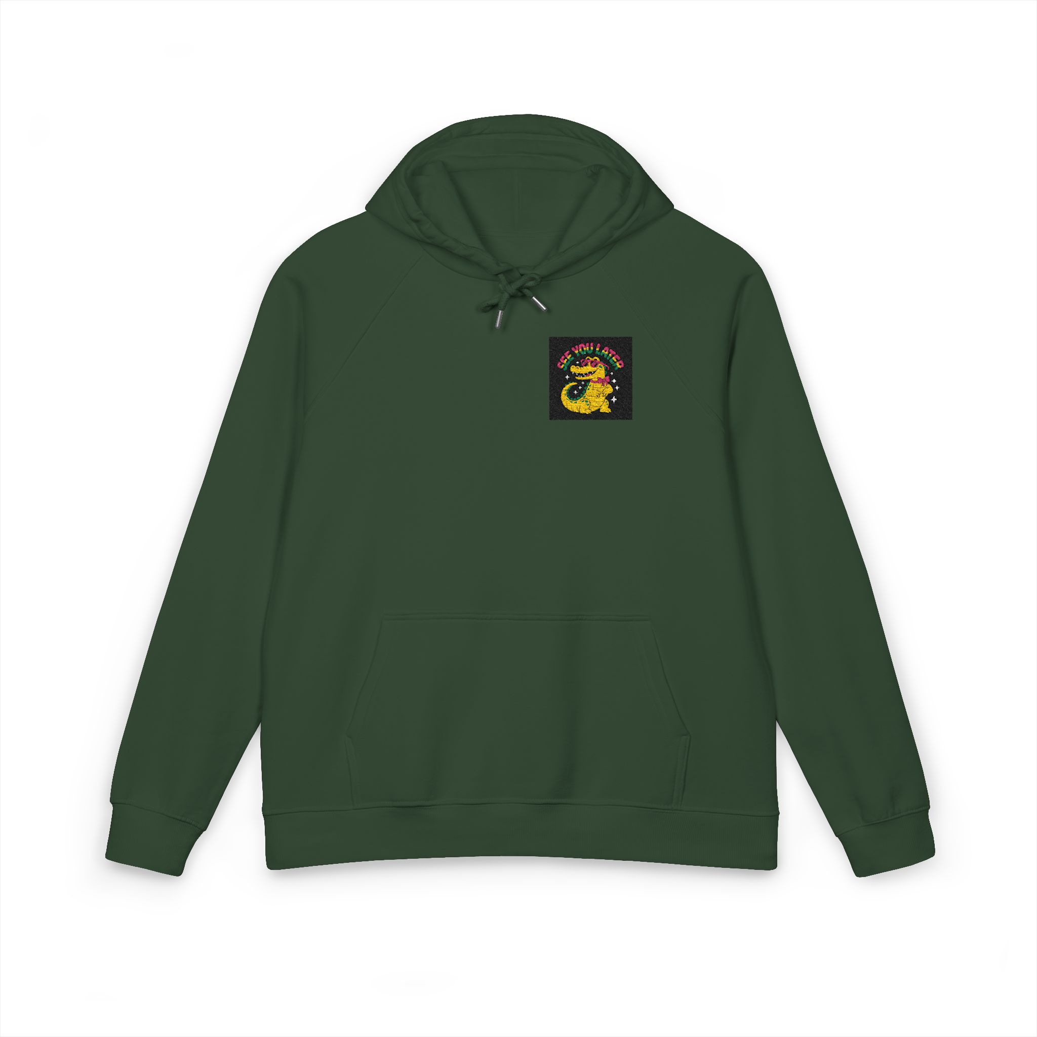 Green Alligator With Sunglasses Vector Illustration Unisex Eco Raglan Hoodie Embroidery - Image 13