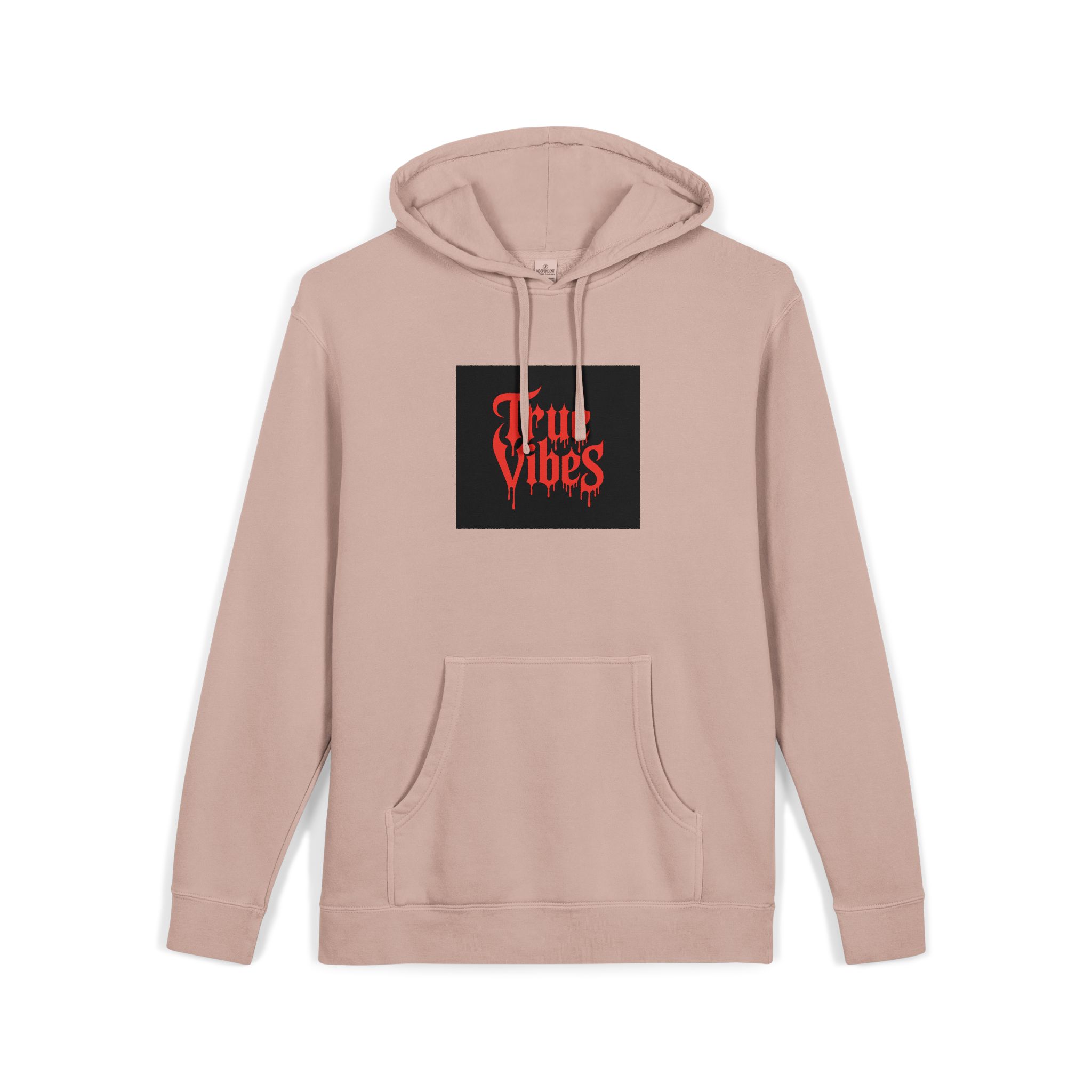 True Vibes Bold Red Gothic Drip Text Black Unisex Pigment Dyed Hoodie Embroidery - Image 3