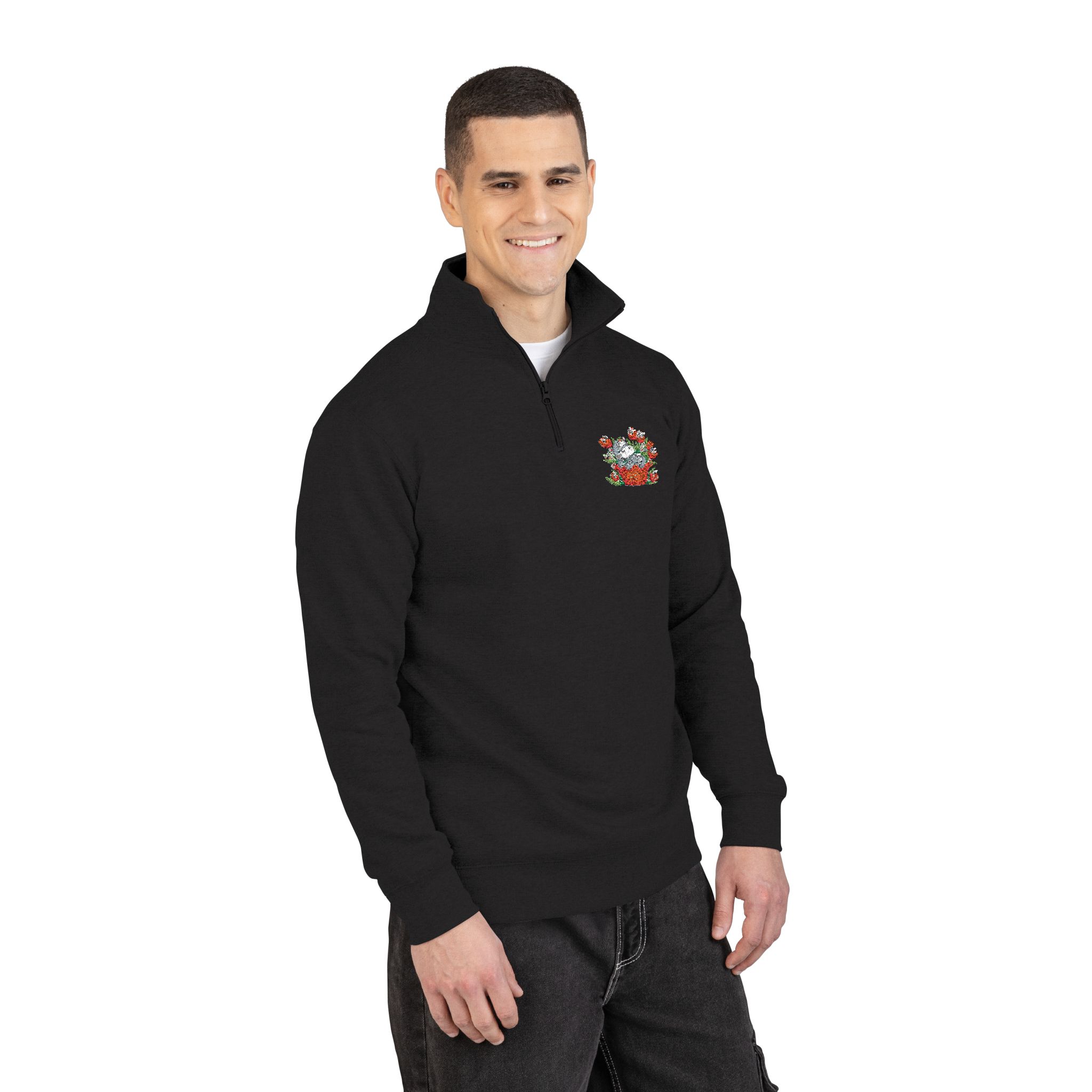 Cartoon Drawing Bear Basket With Tulips Unisex Fleece Pullover Embroidery - Image 4