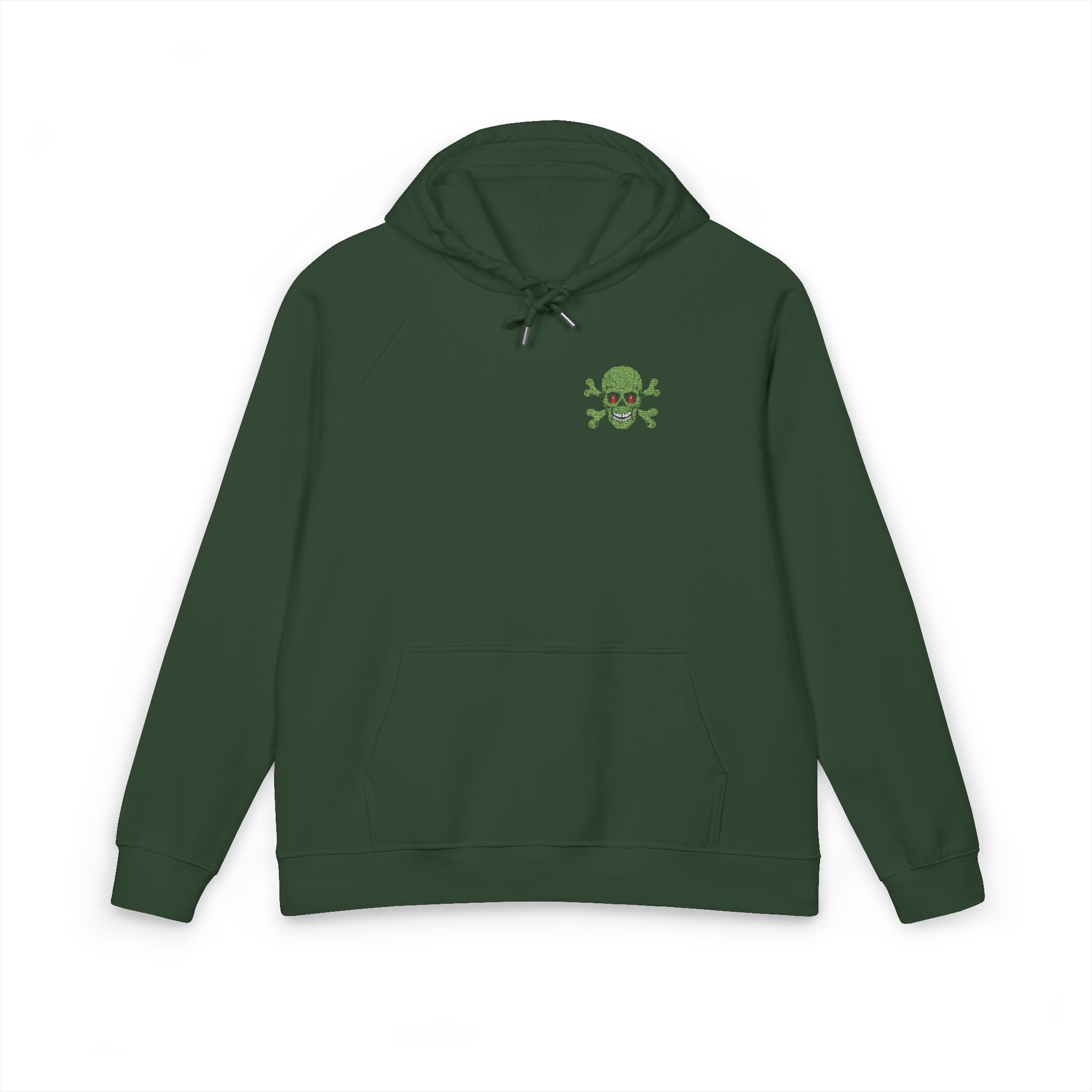 Green Skull Zombie With Cross Bones Logo Unisex Eco Raglan Hoodie Embroidery - Image 13