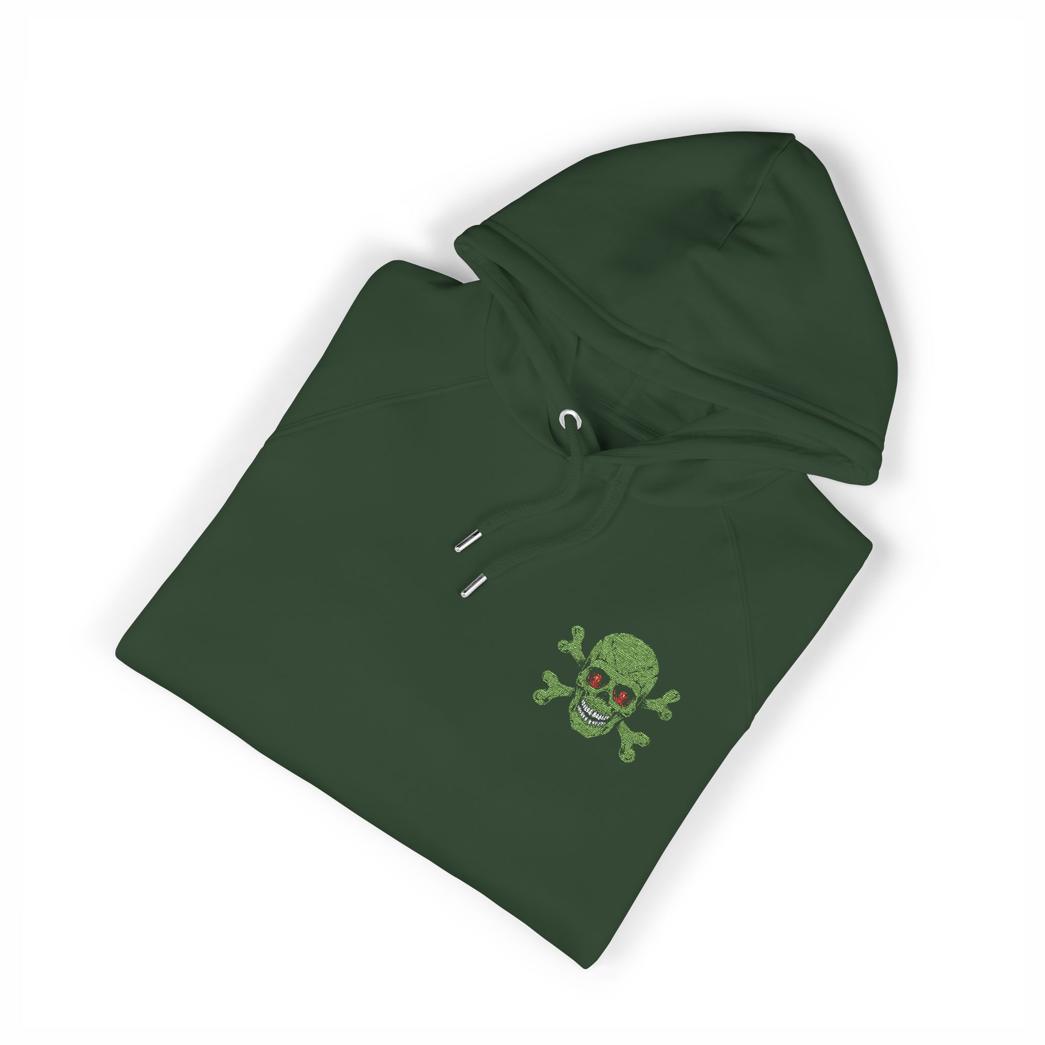 Green Skull Zombie With Cross Bones Logo Unisex Eco Raglan Hoodie Embroidery - Image 15