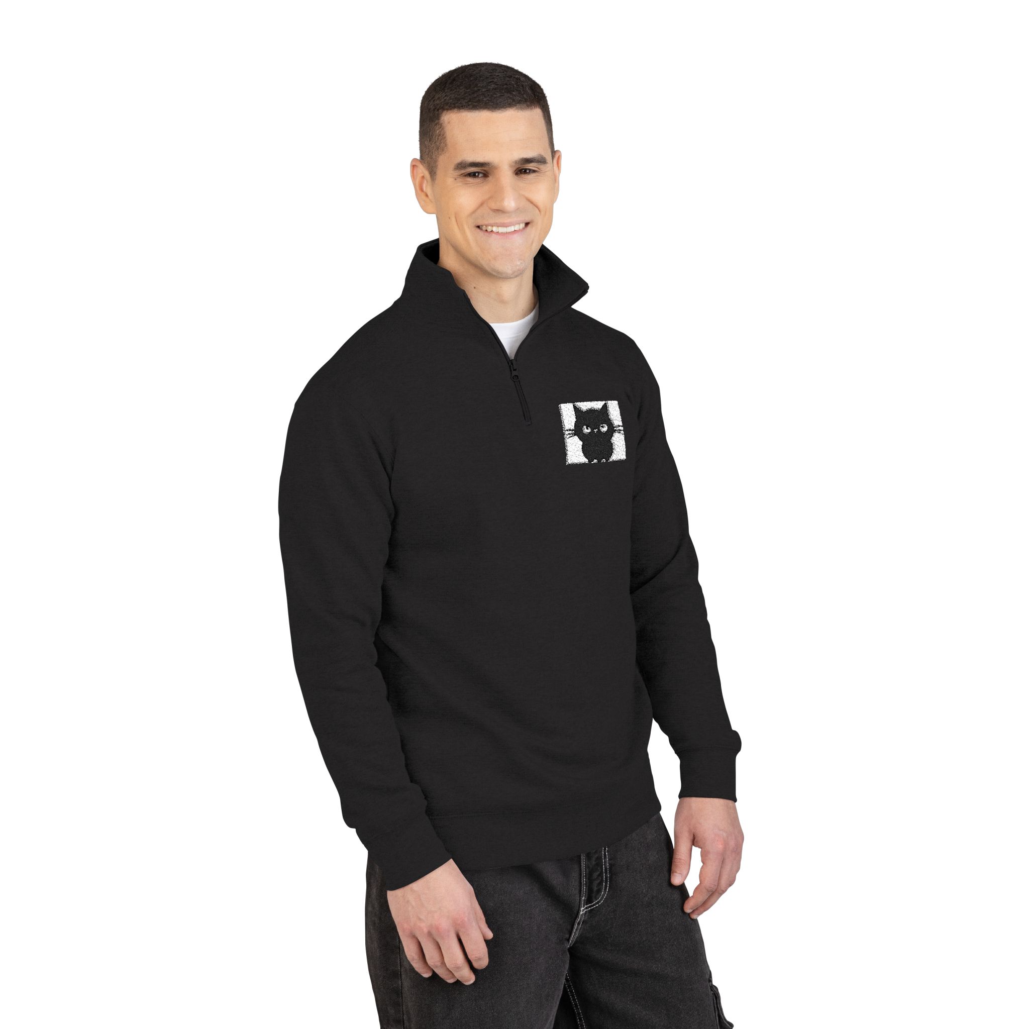 Cat Black White Isolated Icon Vector Illustration Unisex Fleece Pullover Embroidery - Image 4