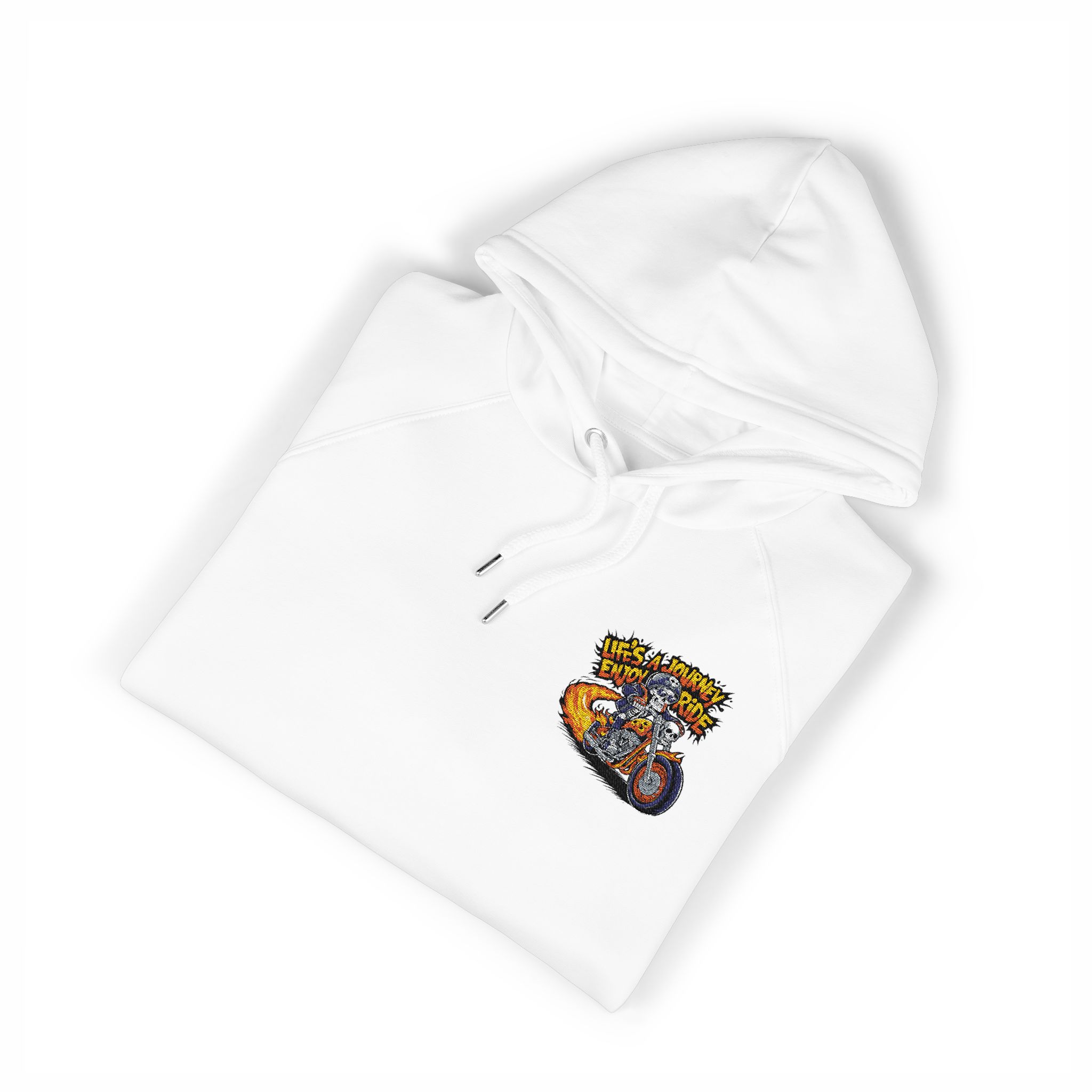 Skeleton Riding Flaming Motorcycle Unisex Eco Raglan Hoodie Embroidery - Image 3