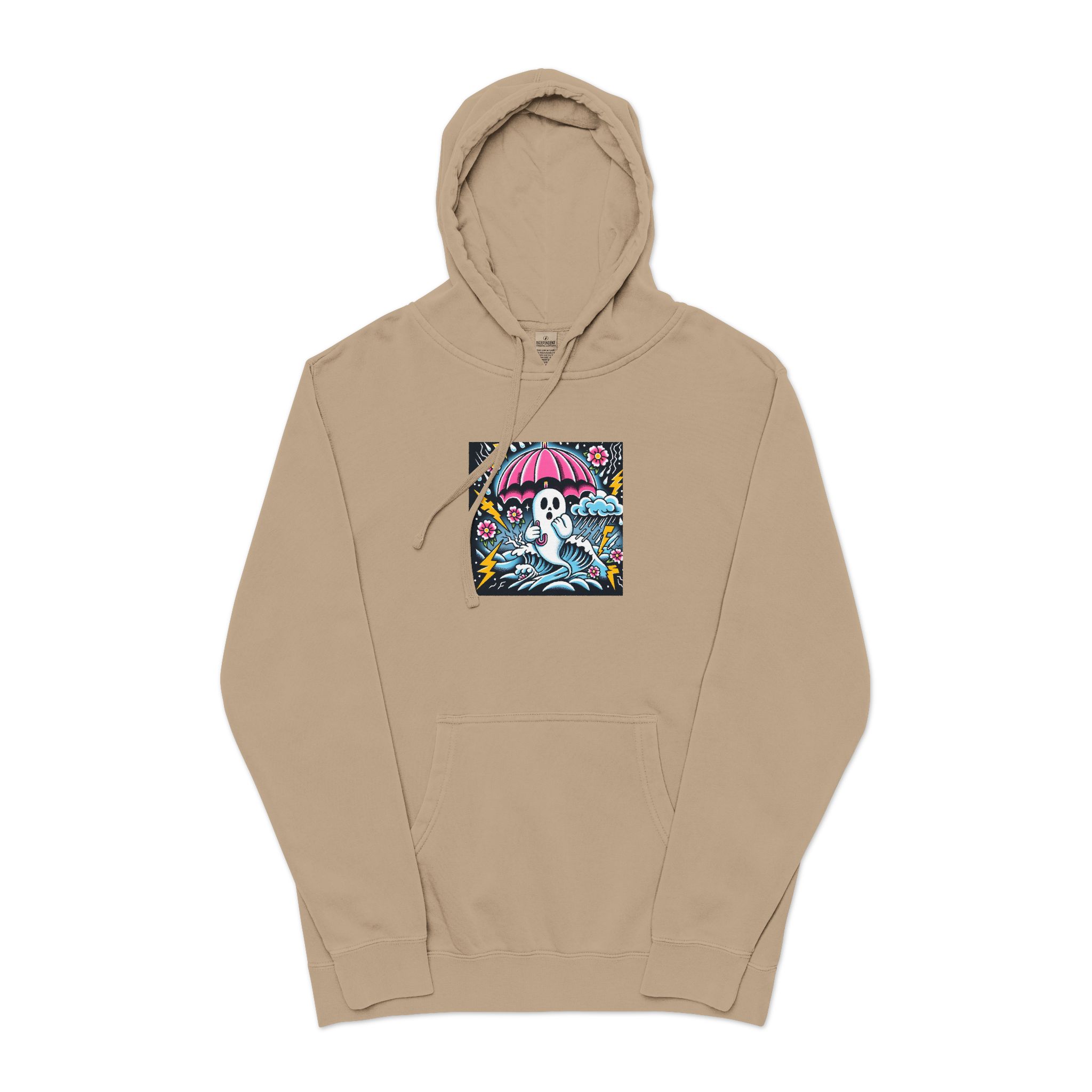 White Ghost With Pink Umbrella Lightning Bolt Unisex Pigment Dyed Hoodie Embroidery - Image 5