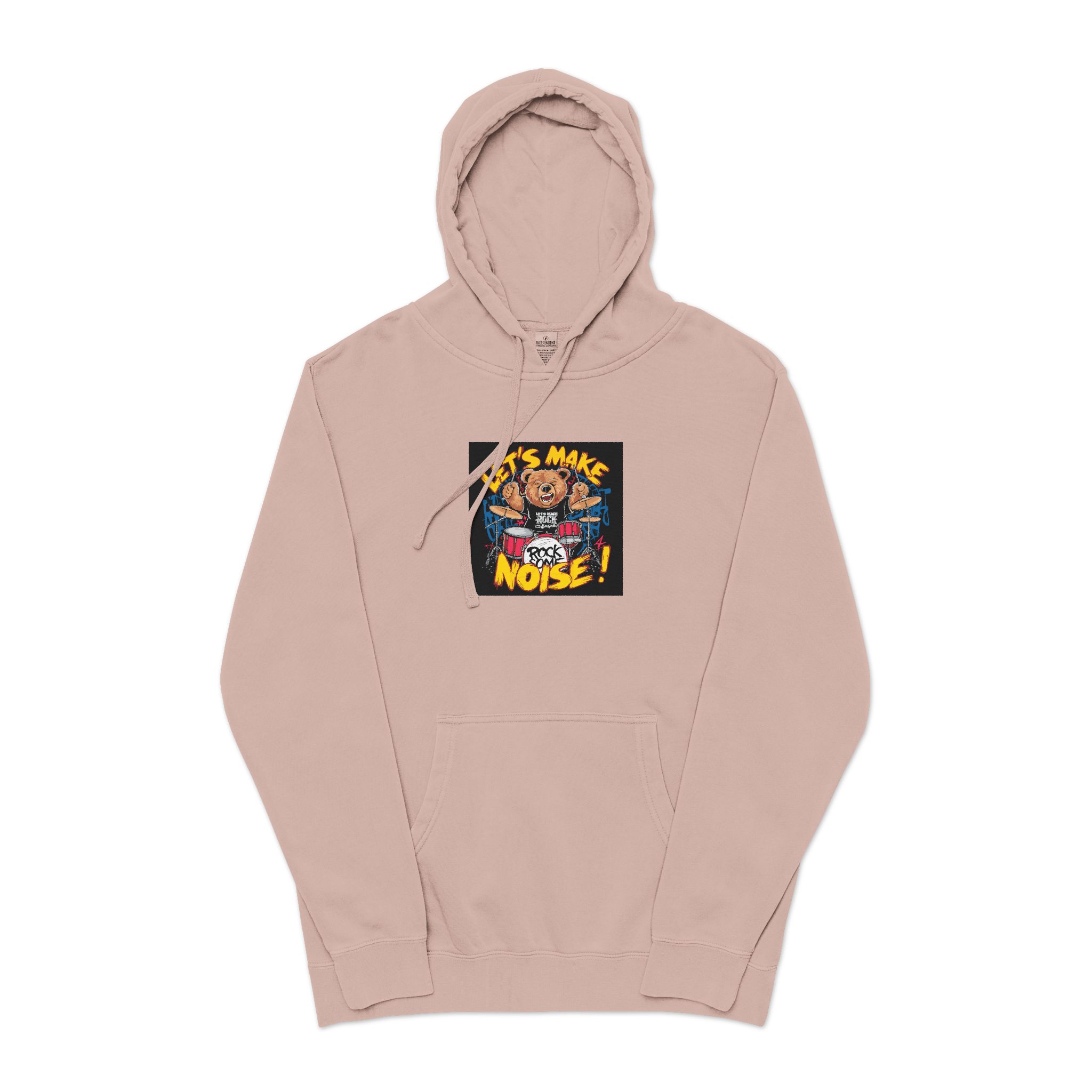 Vibrant Eyecatching Music Tshirt Design Featuring Bear Rocking Out Drum Set (1) Unisex Pigment Dyed Hoodie Embroidery