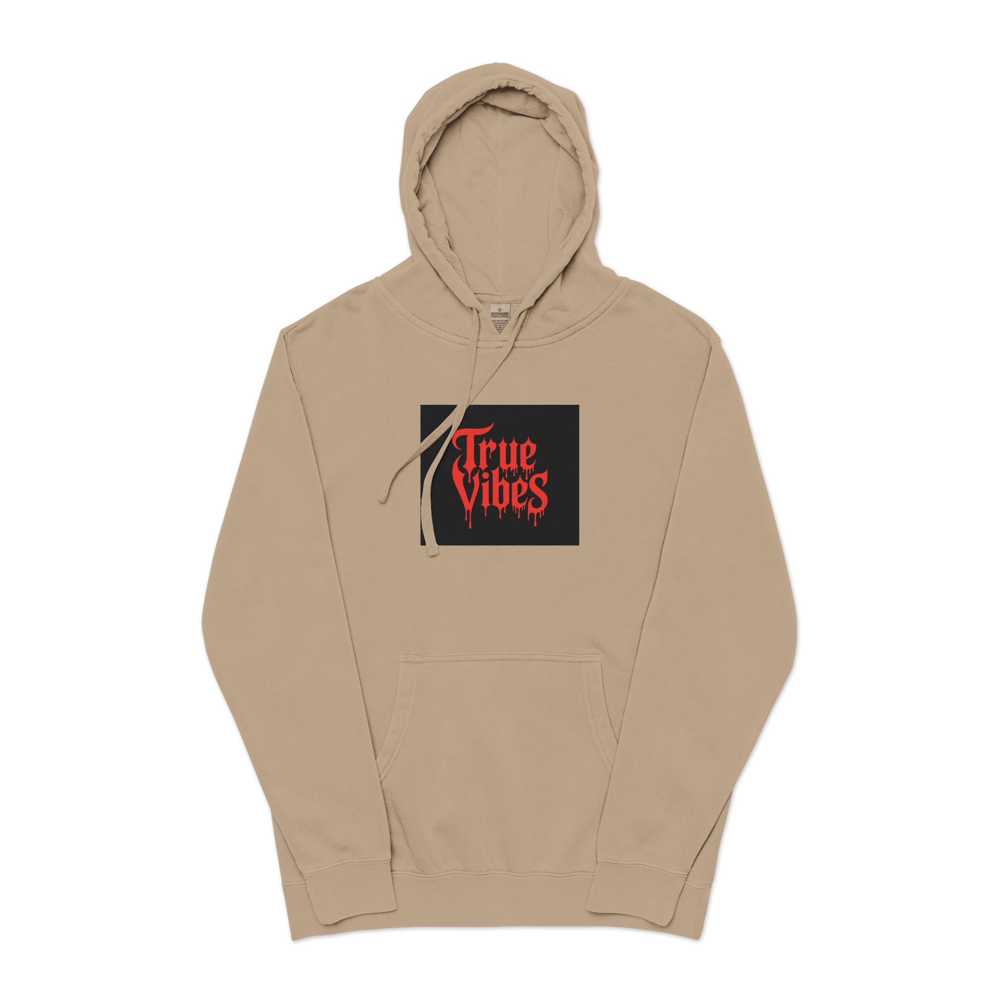 True Vibes Bold Red Gothic Drip Text Black Unisex Pigment Dyed Hoodie Embroidery - Image 5