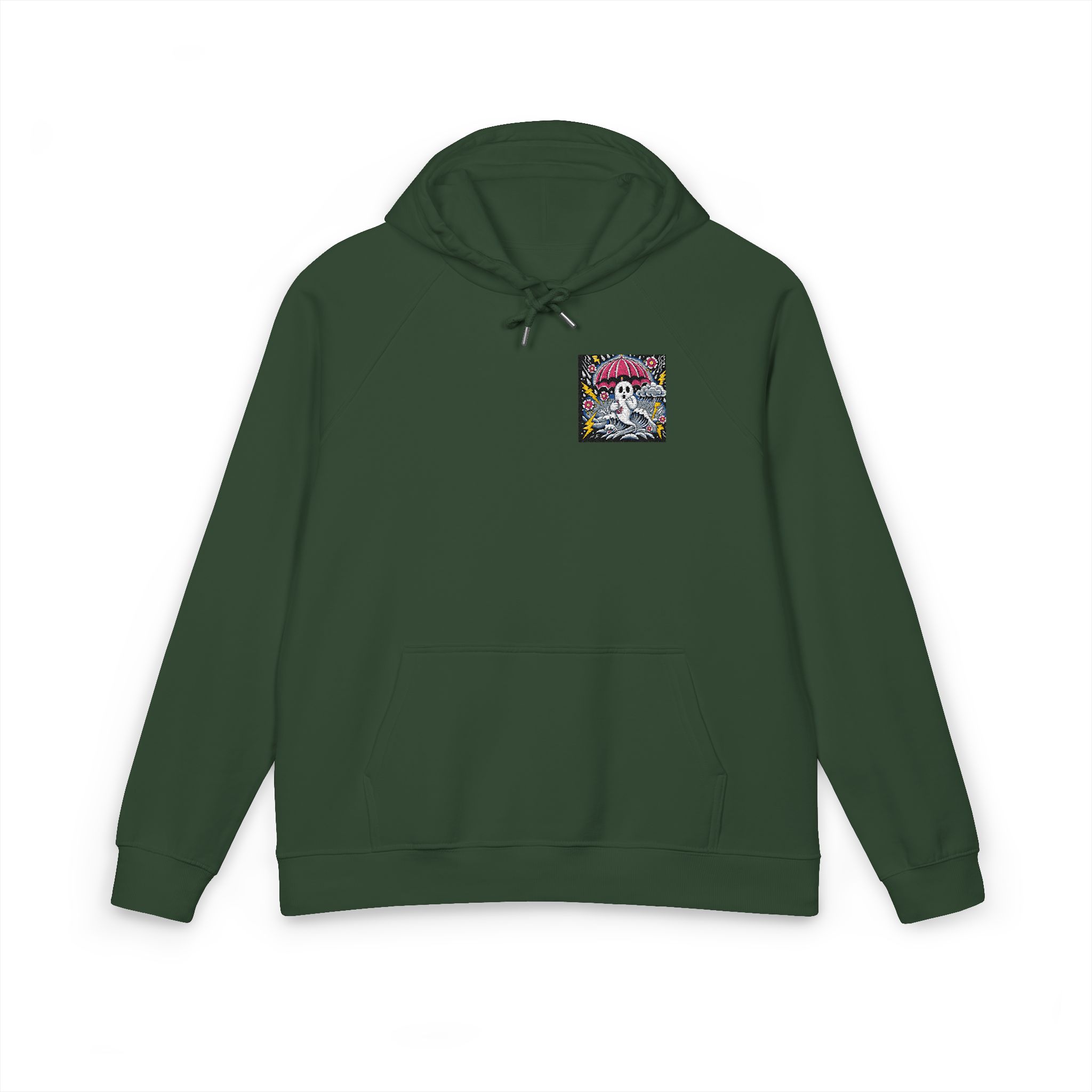 White Ghost With Pink Umbrella Lightning Bolt Unisex Eco Raglan Hoodie Embroidery - Image 13