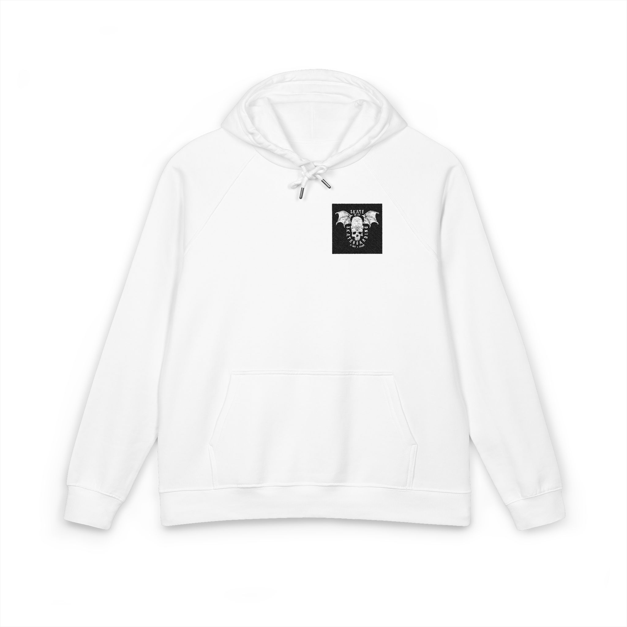 Vintage White Skateboarding Logo Unisex Eco Raglan Hoodie Embroidery