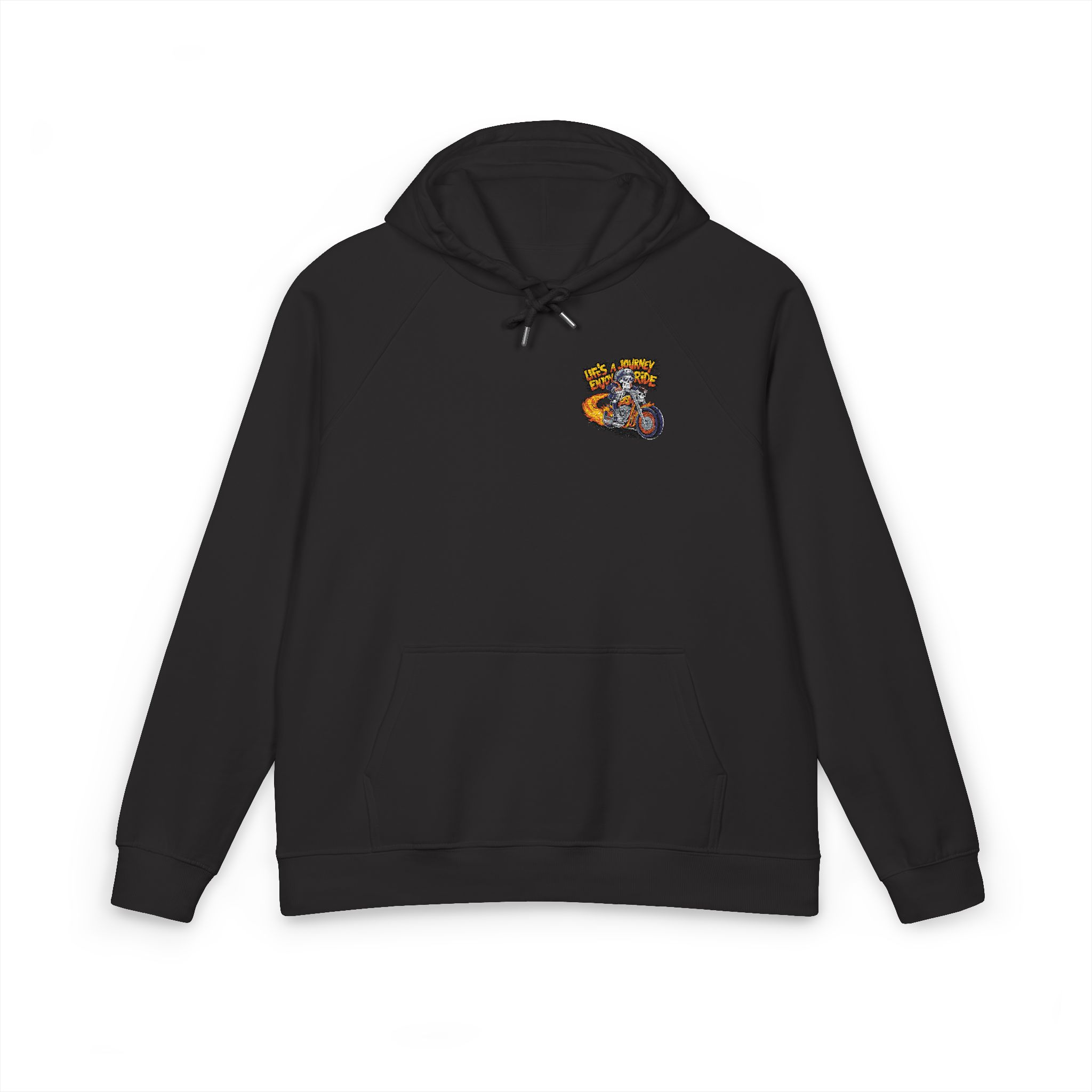 Skeleton Riding Flaming Motorcycle Unisex Eco Raglan Hoodie Embroidery - Image 17
