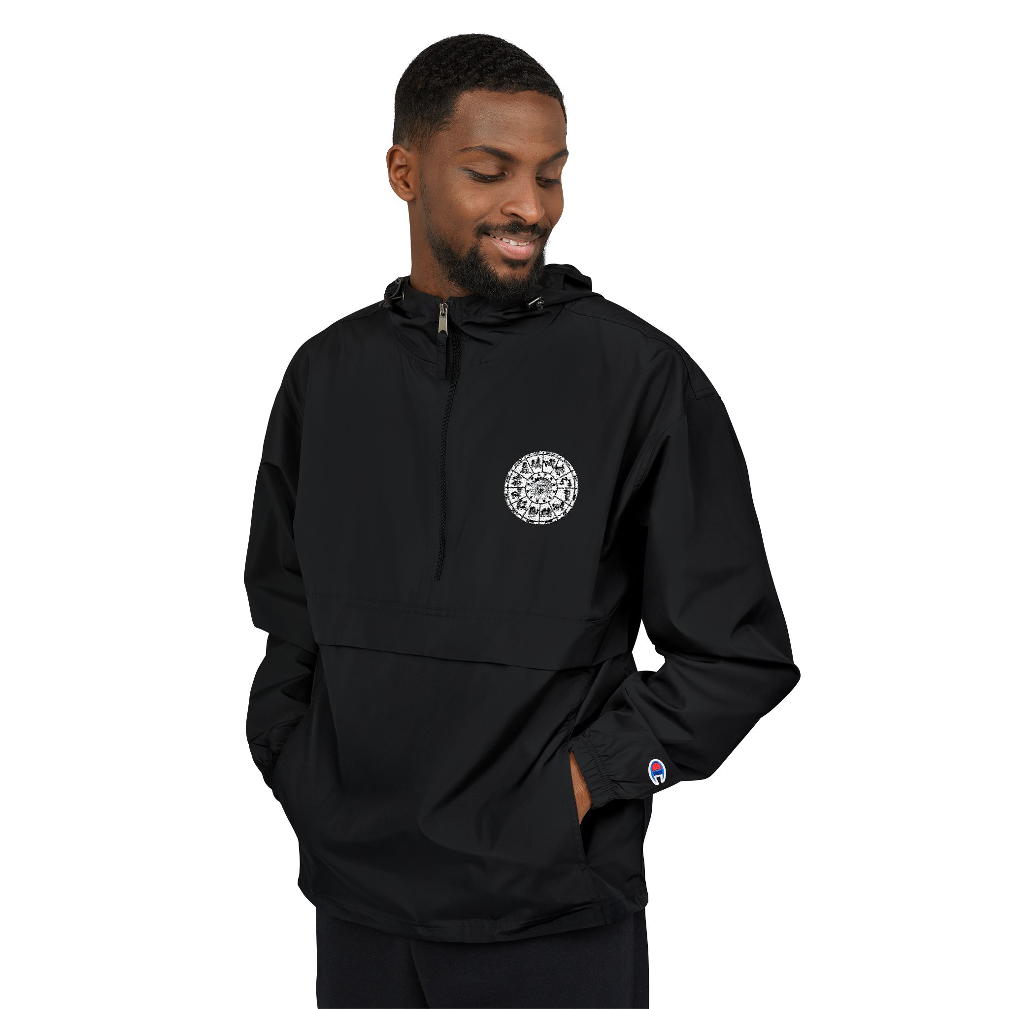 Zodiac Circle Horoscope Drawing Engraving Style Zodiac Wheel With Astrological Sy Champion Unisex Packable Anorak Jacket - Image 23