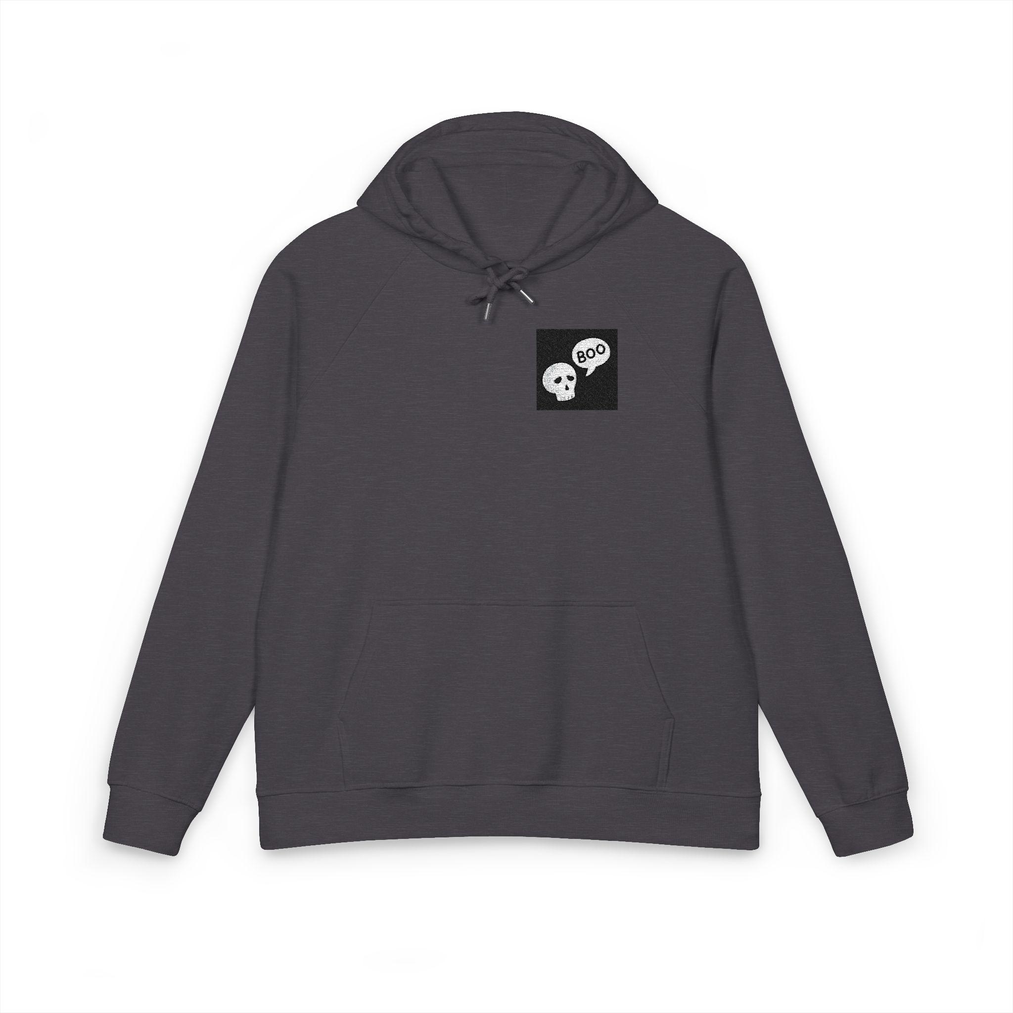 Halloween Skull Illustration White Stylized Skull With Textured Shading Speech Bubble Saying Unisex Eco Raglan Hoodie Embroidery - Image 9