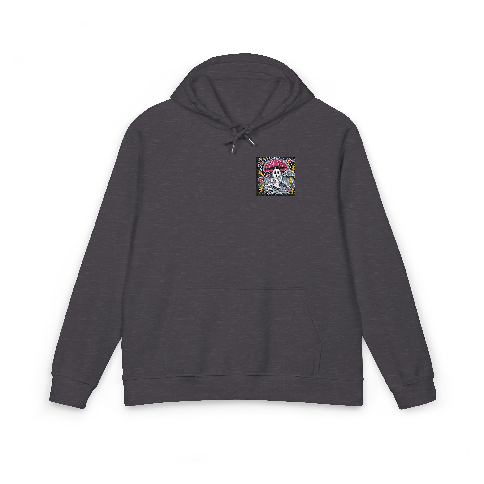 White Ghost With Pink Umbrella Lightning Bolt Unisex Eco Raglan Hoodie Embroidery - Image 9