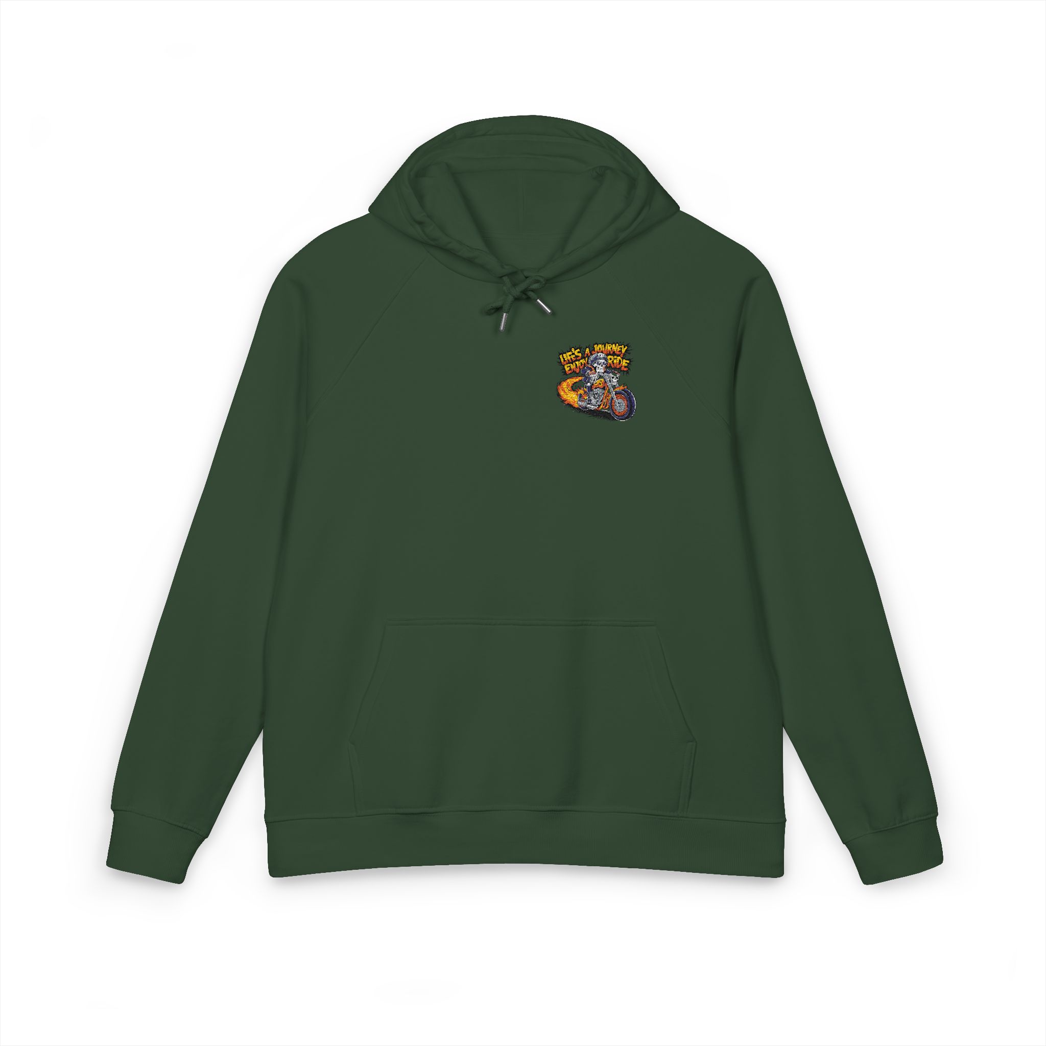 Skeleton Riding Flaming Motorcycle Unisex Eco Raglan Hoodie Embroidery - Image 13