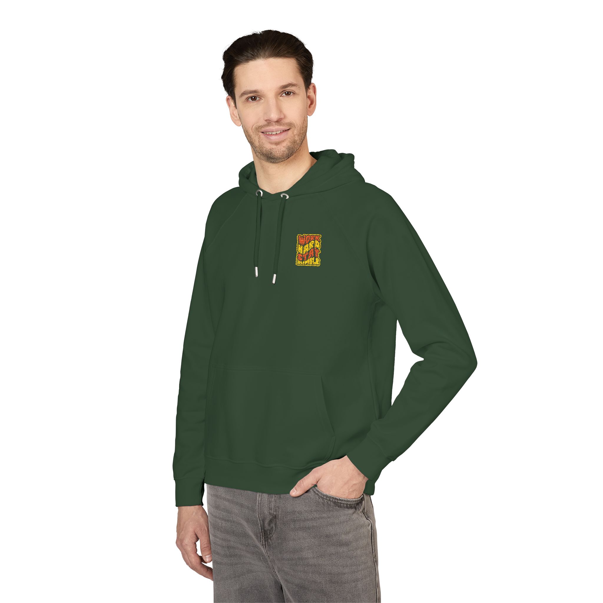 Work Hard Stay Humble 1 Unisex Eco Raglan Hoodie Embroidery - Image 16
