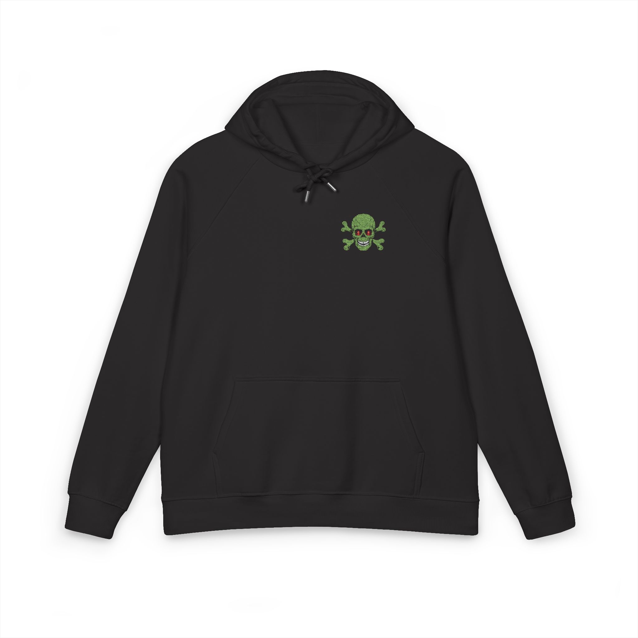 Green Skull Zombie With Cross Bones Logo Unisex Eco Raglan Hoodie Embroidery - Image 17