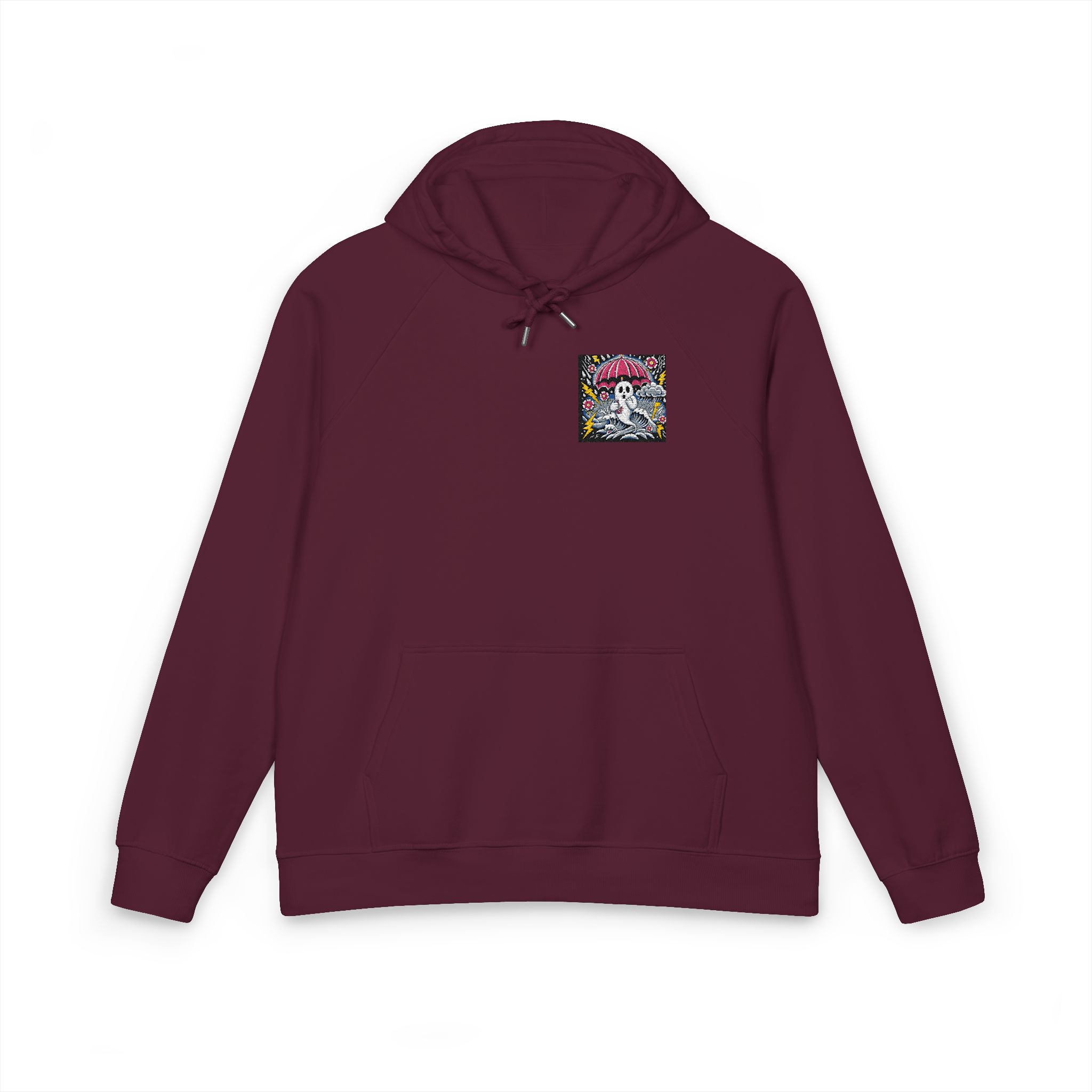 White Ghost With Pink Umbrella Lightning Bolt Unisex Eco Raglan Hoodie Embroidery - Image 21