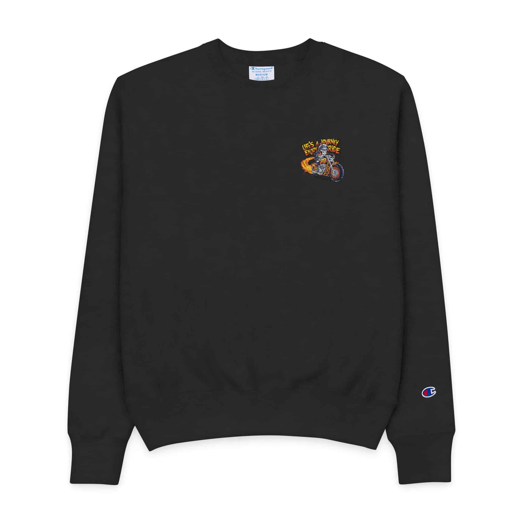 Skeleton Riding Flaming Motorcycle Mens Champion Crewneck Sweatshirt