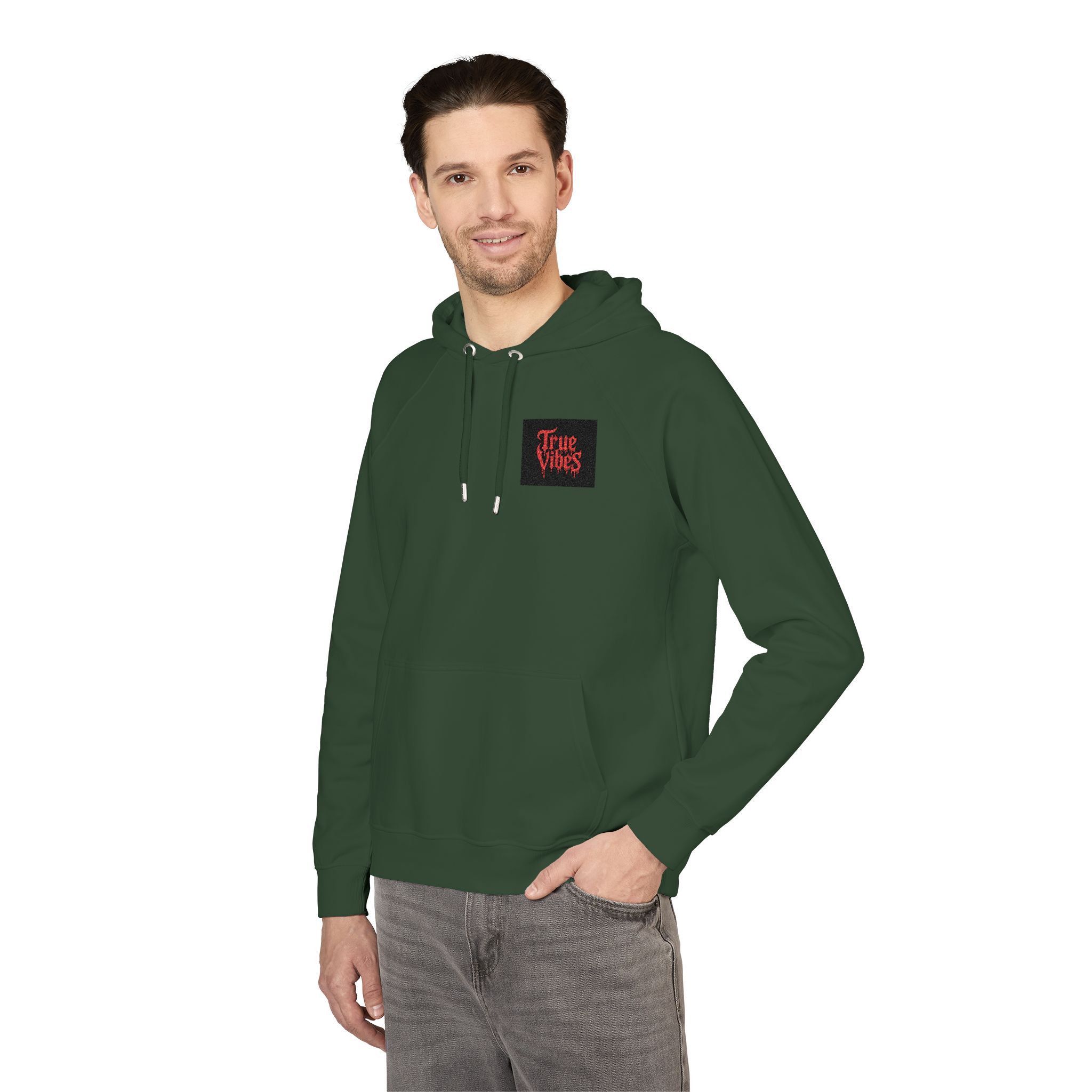 True Vibes Bold Red Gothic Drip Text Black Unisex Eco Raglan Hoodie Embroidery - Image 16