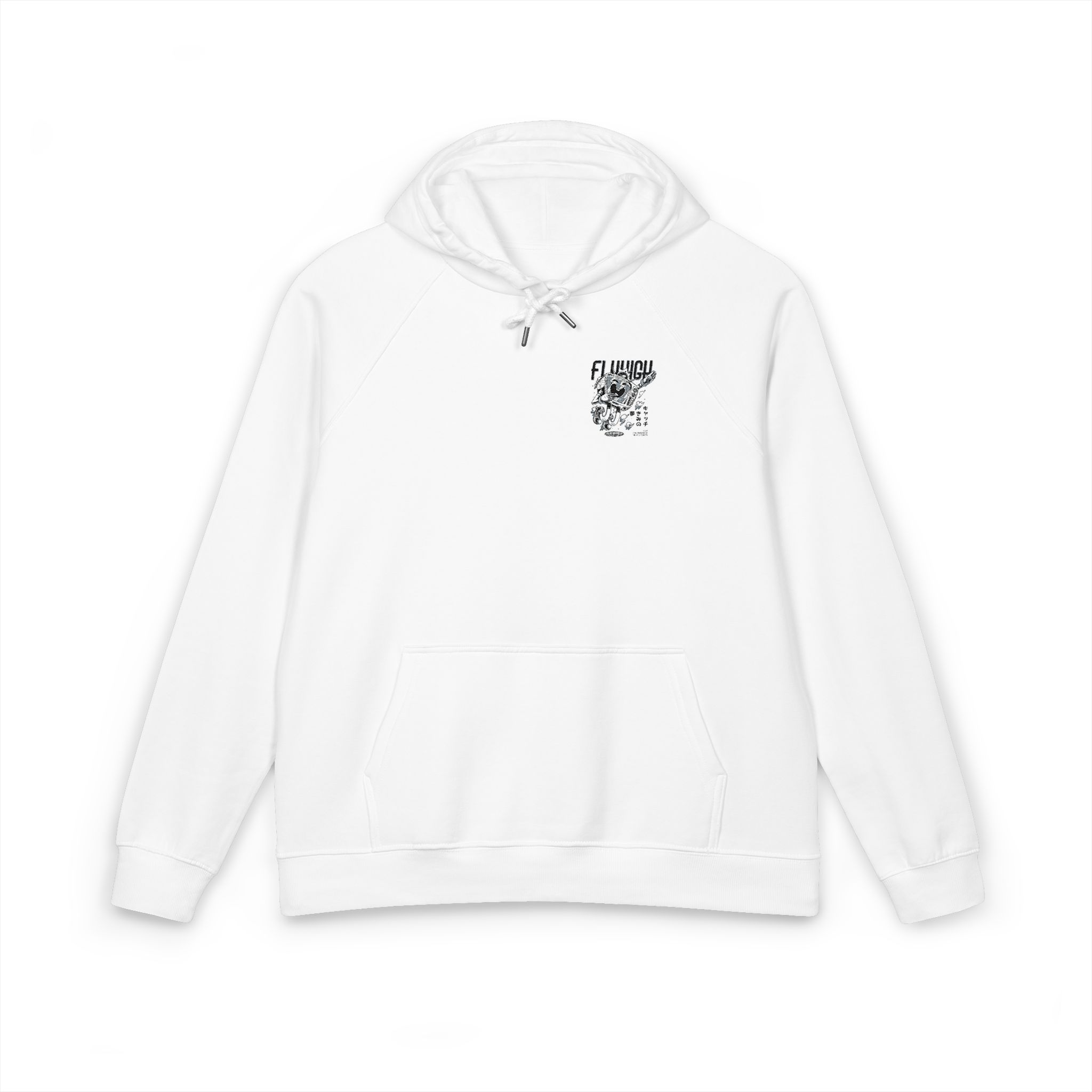 Fly High Black White Illustration Unisex Eco Raglan Hoodie Embroidery