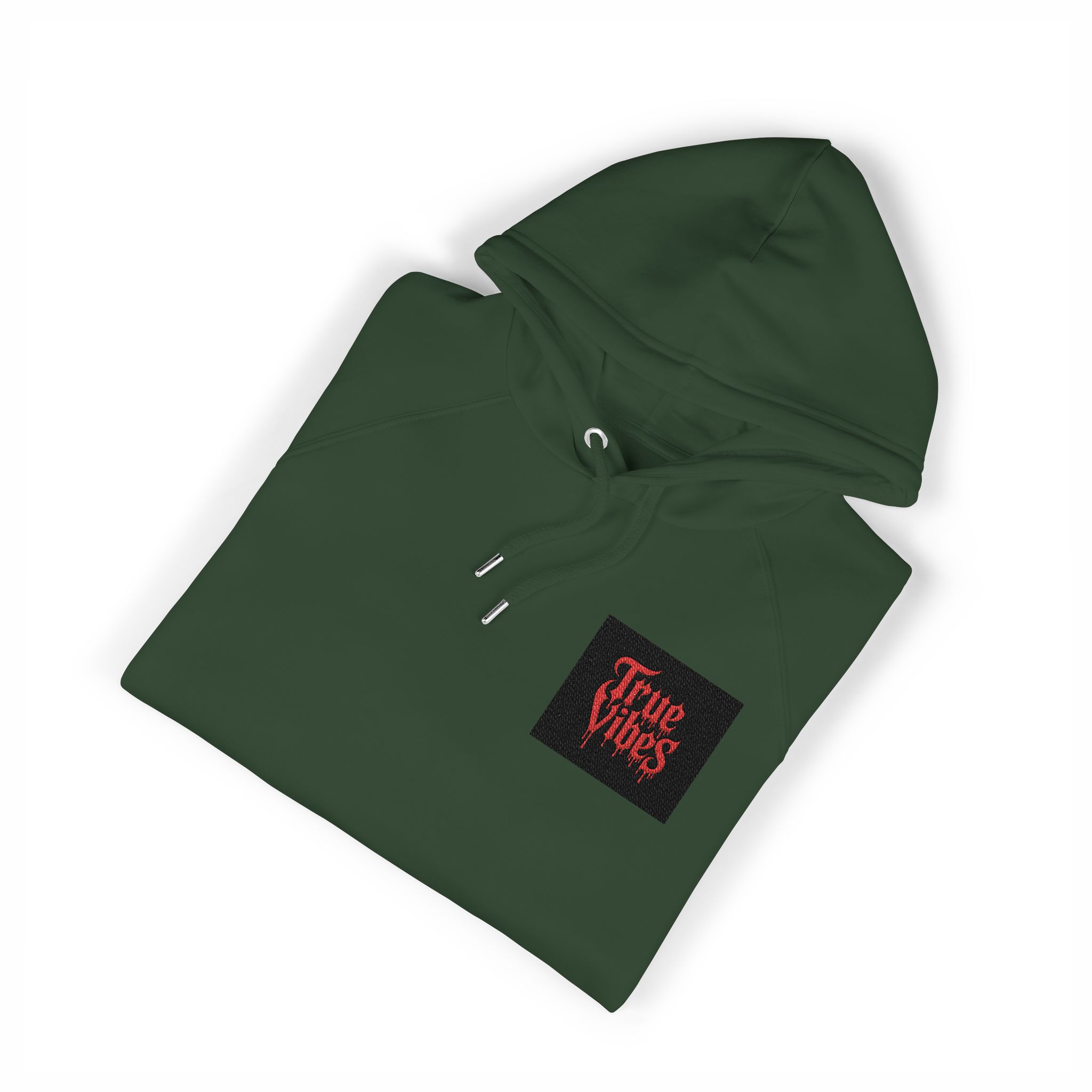 True Vibes Bold Red Gothic Drip Text Black Unisex Eco Raglan Hoodie Embroidery - Image 15
