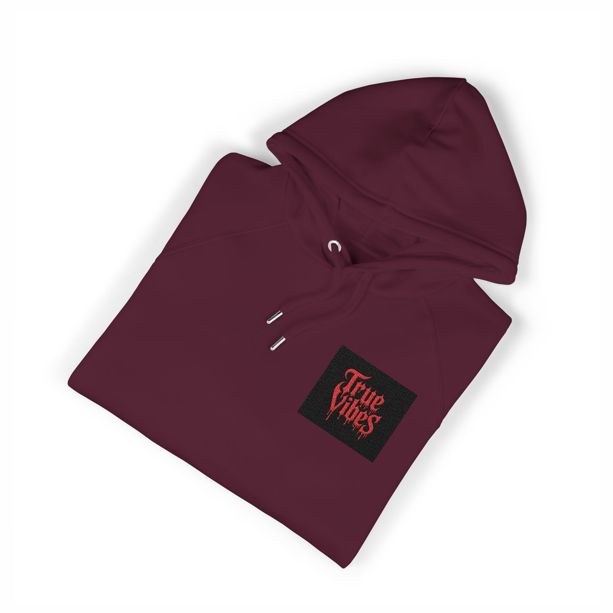 True Vibes Bold Red Gothic Drip Text Black Unisex Eco Raglan Hoodie Embroidery - Image 23