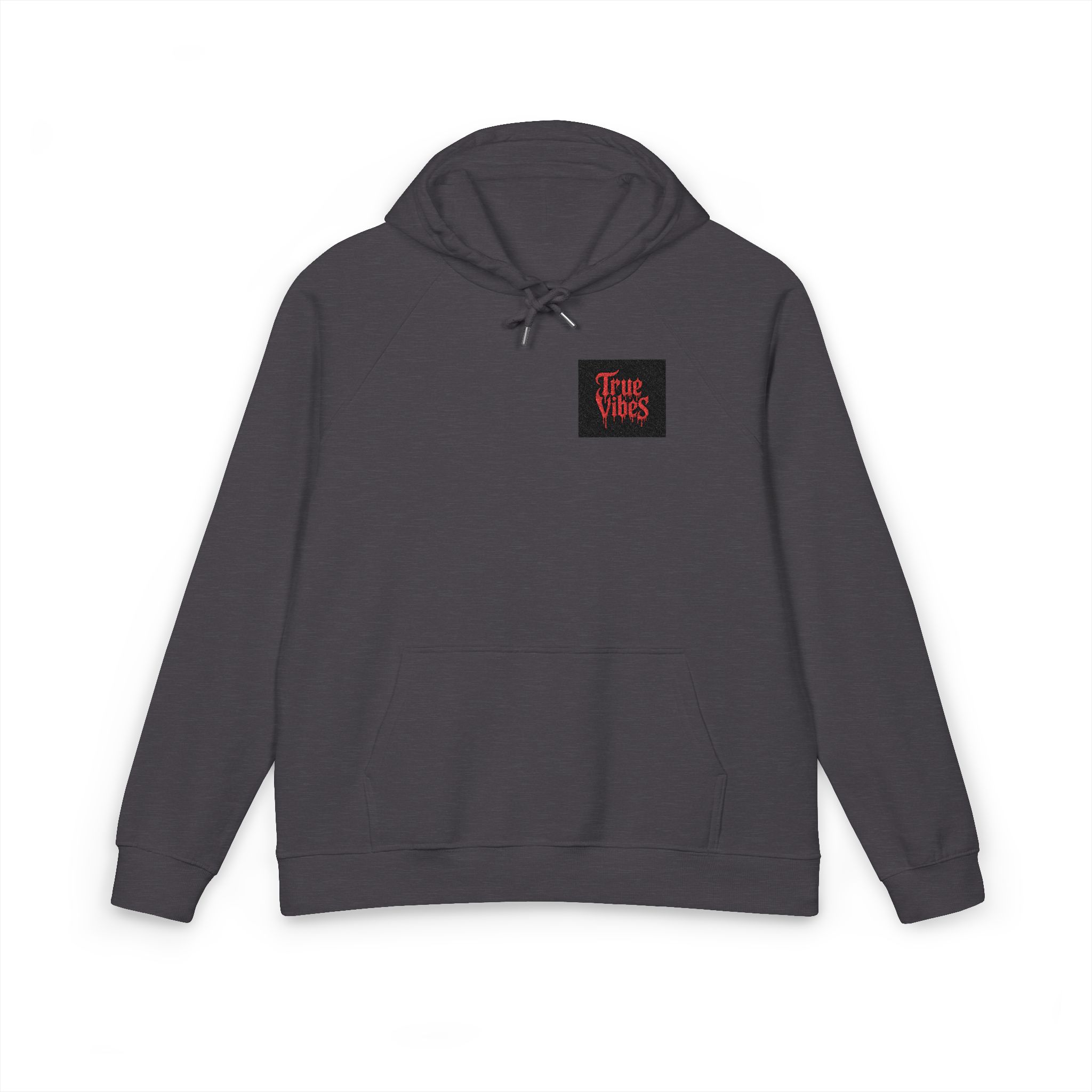 True Vibes Bold Red Gothic Drip Text Black Unisex Eco Raglan Hoodie Embroidery - Image 9