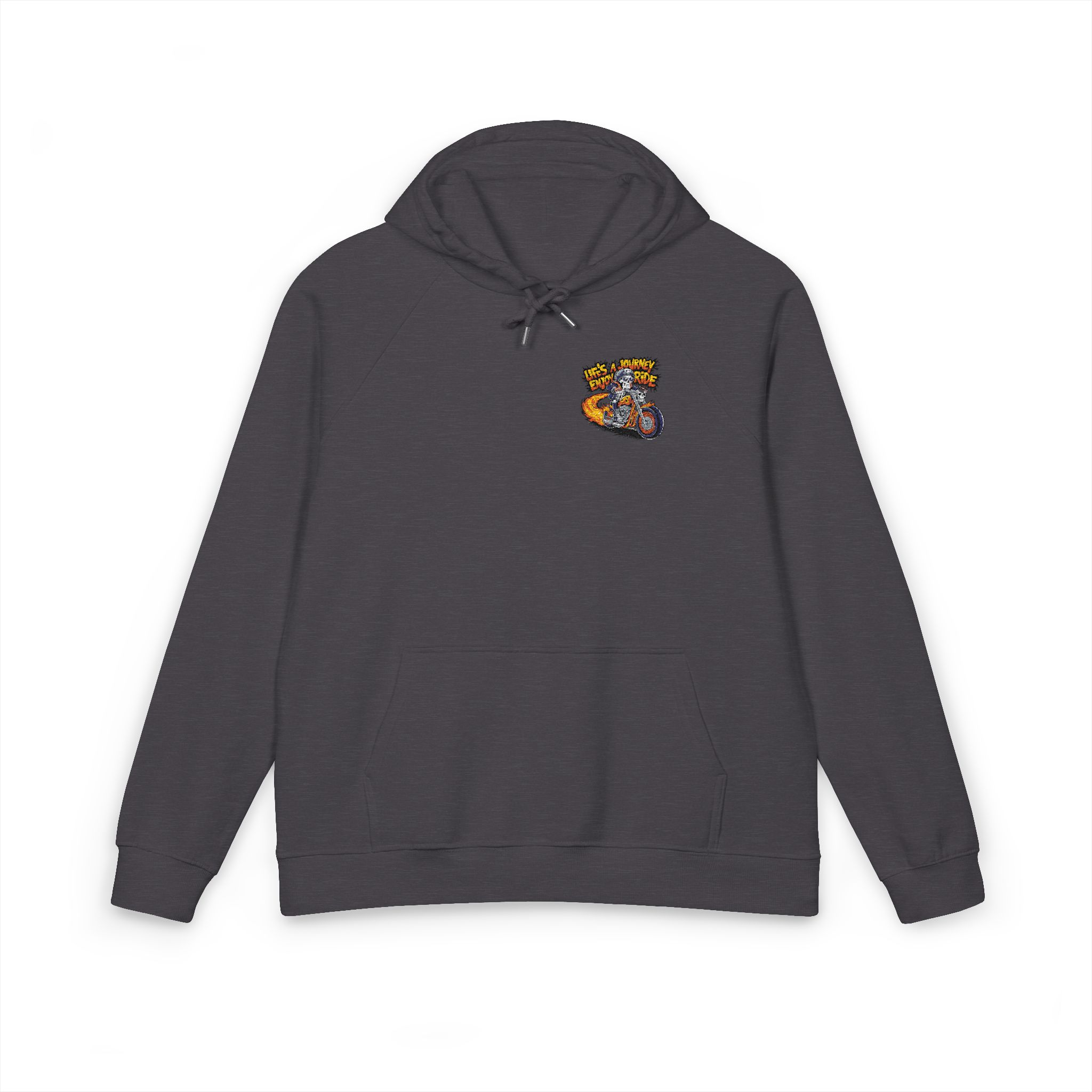 Skeleton Riding Flaming Motorcycle Unisex Eco Raglan Hoodie Embroidery - Image 9