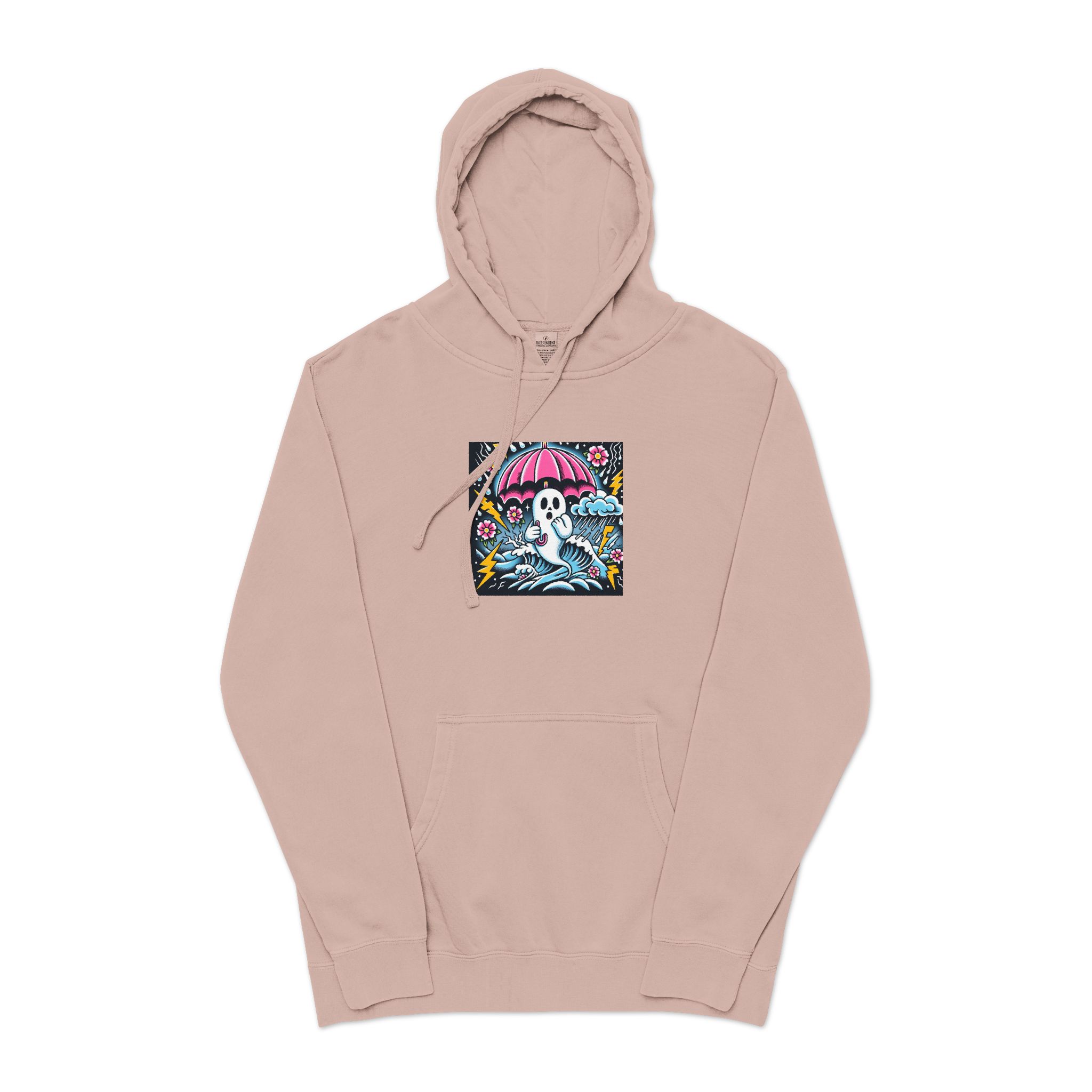 White Ghost With Pink Umbrella Lightning Bolt Unisex Pigment Dyed Hoodie Embroidery
