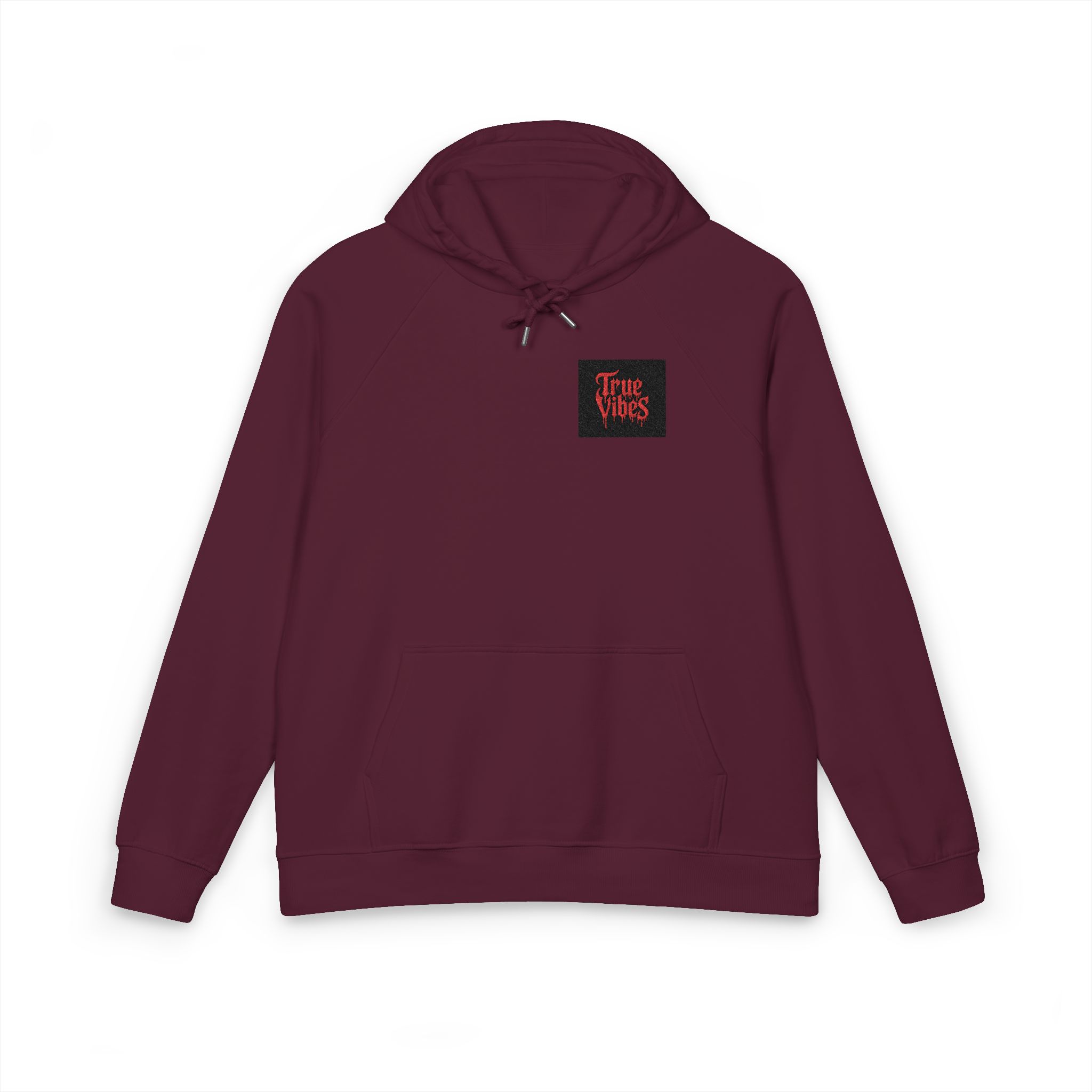 True Vibes Bold Red Gothic Drip Text Black Unisex Eco Raglan Hoodie Embroidery - Image 21