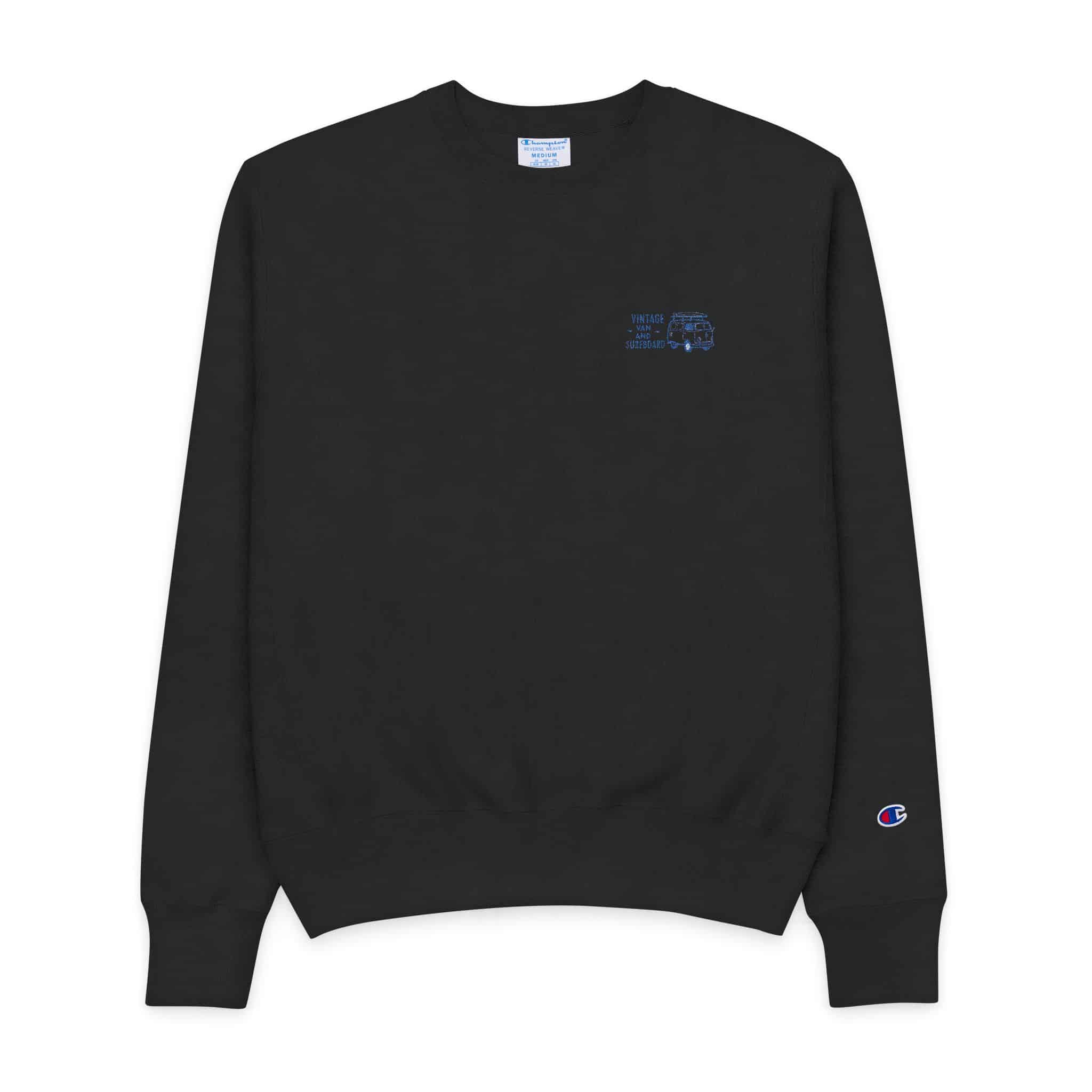 Illustration Classic van With Surfboard Top Vintage Retro Style With Text Vintage van Surfboard Mens Champion Crewneck Sweatshirt