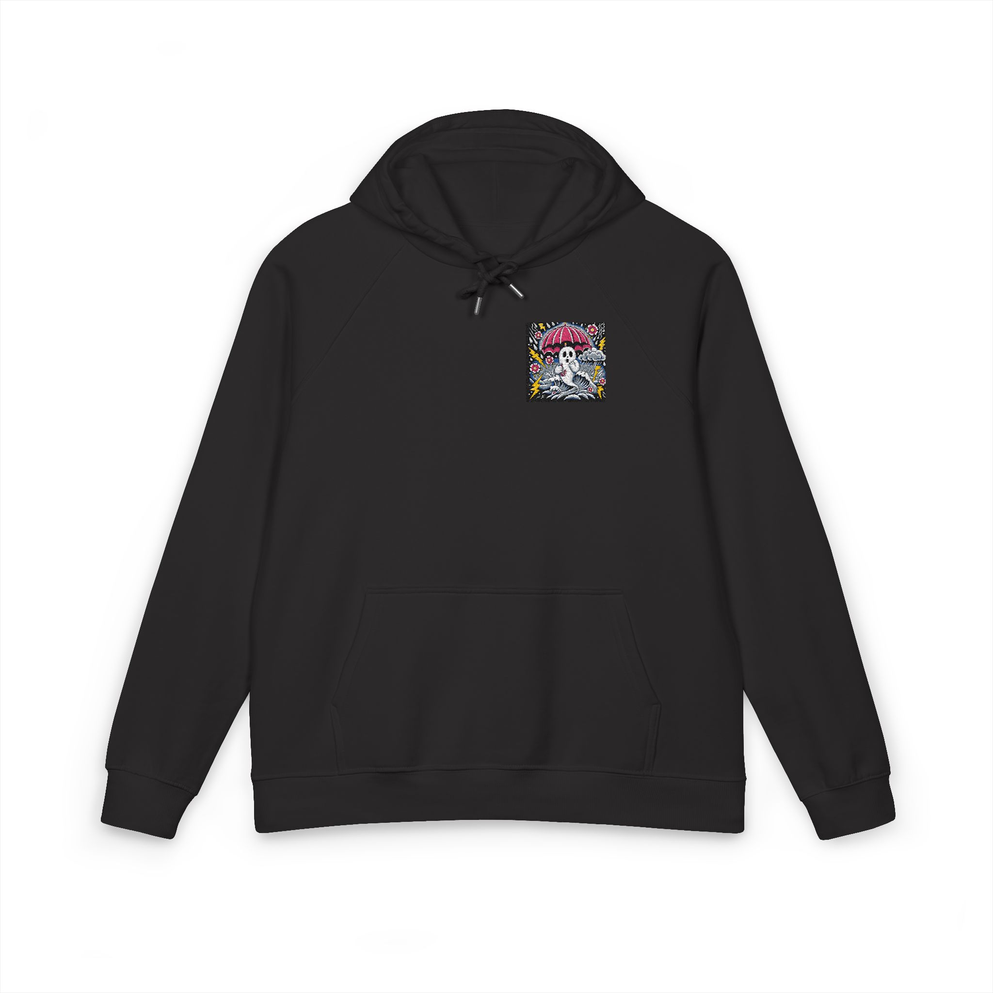 White Ghost With Pink Umbrella Lightning Bolt Unisex Eco Raglan Hoodie Embroidery - Image 17