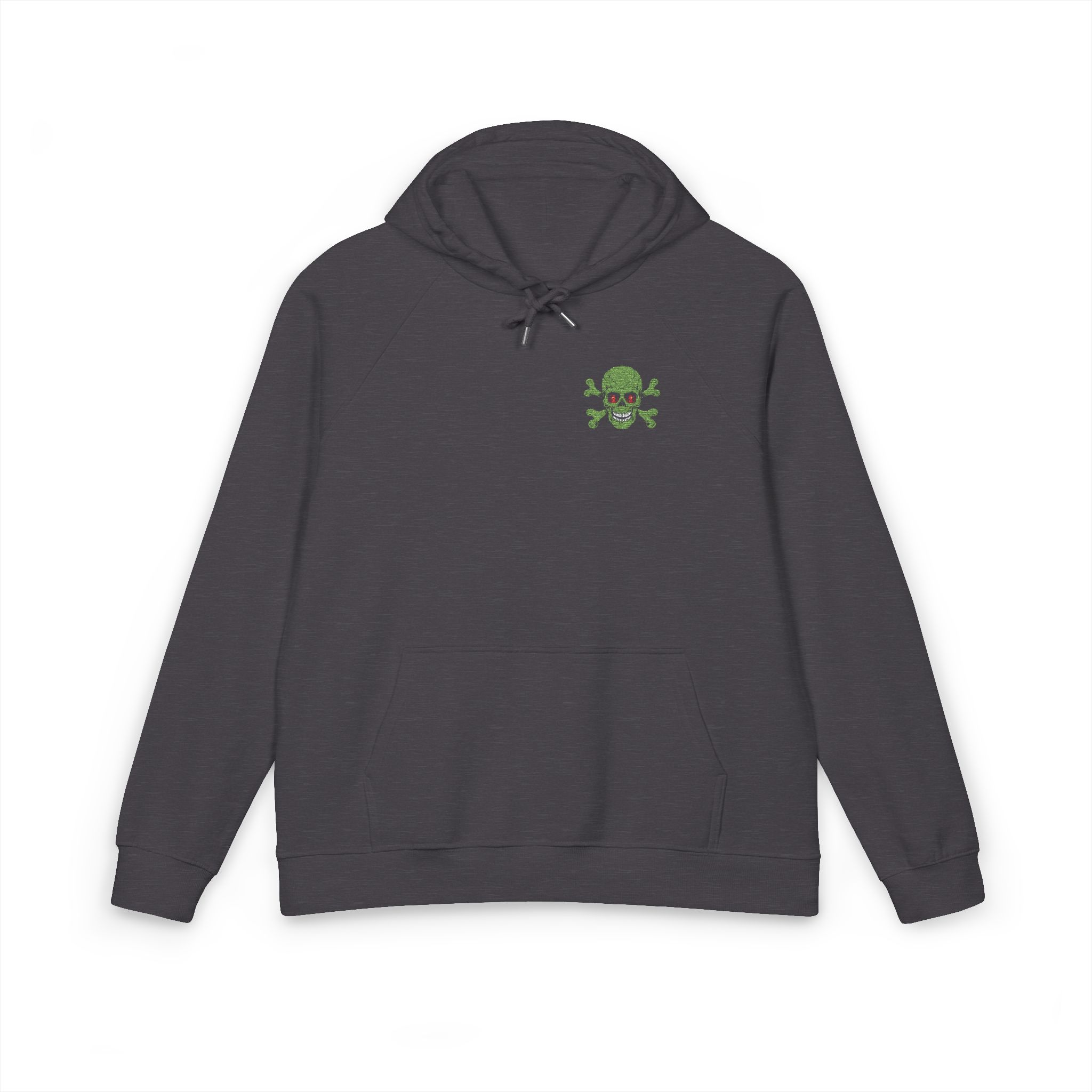 Green Skull Zombie With Cross Bones Logo Unisex Eco Raglan Hoodie Embroidery - Image 9