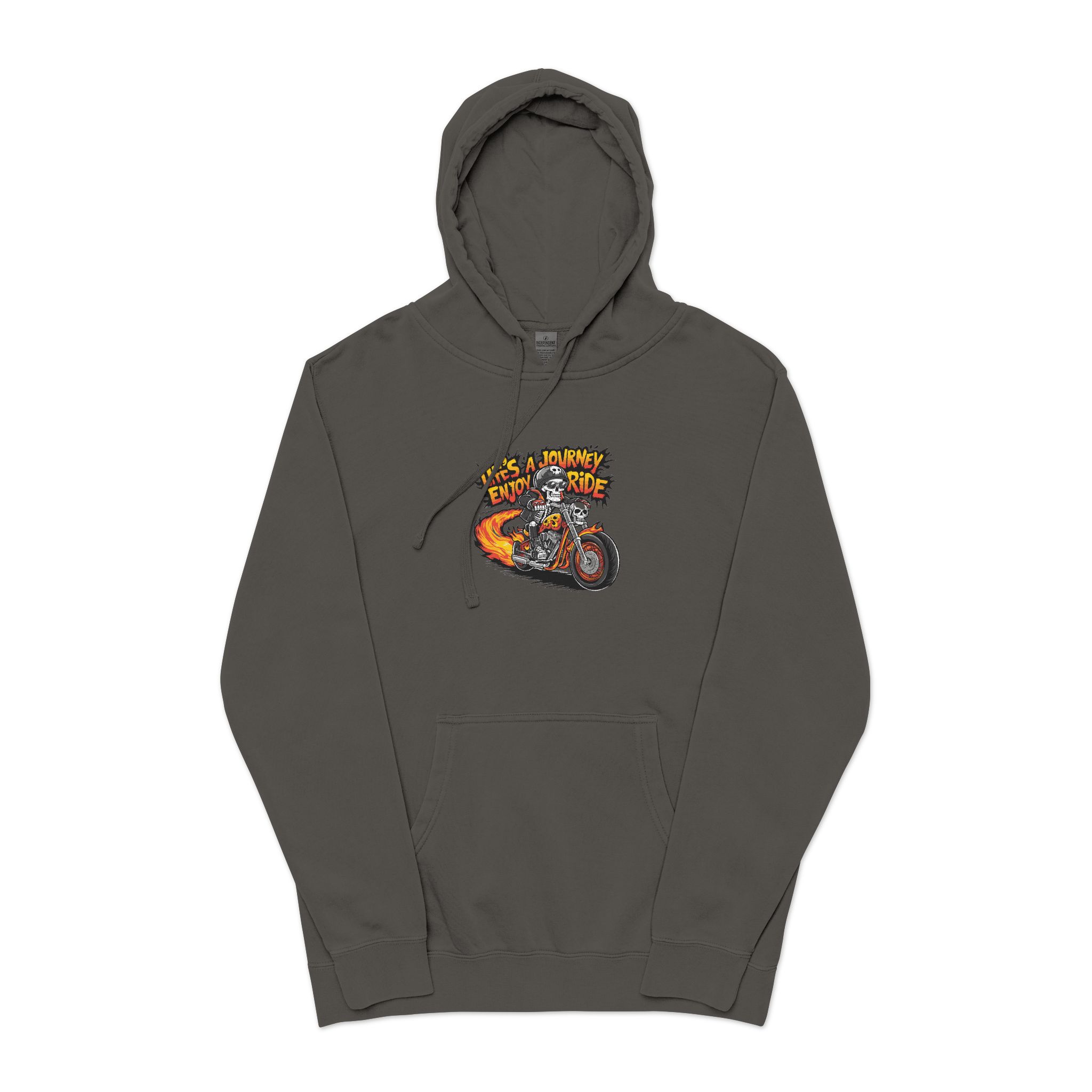 Skeleton Riding Flaming Motorcycle Unisex Pigment Dyed Hoodie Embroidery - Image 25