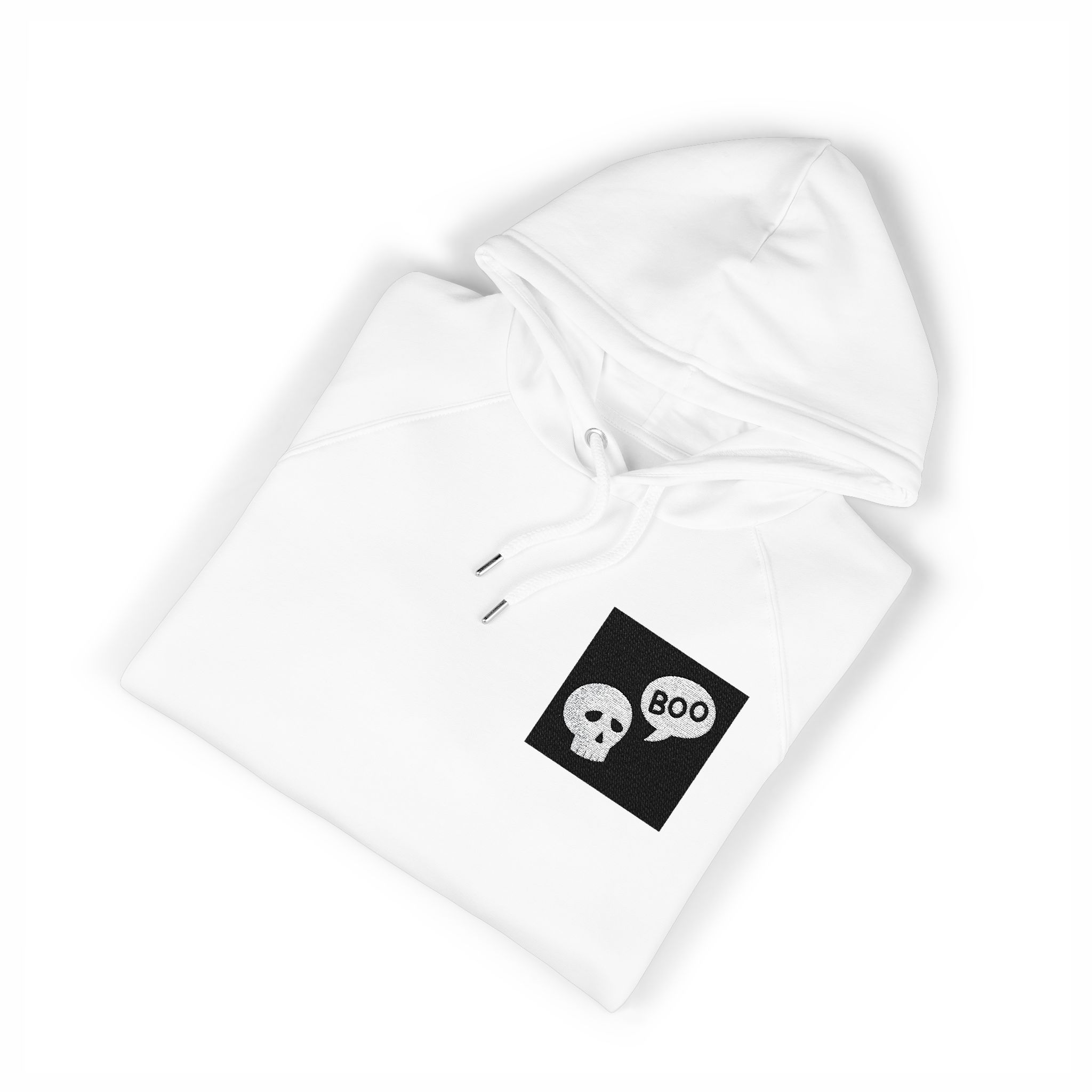 Halloween Skull Illustration White Stylized Skull With Textured Shading Speech Bubble Saying Unisex Eco Raglan Hoodie Embroidery - Image 3