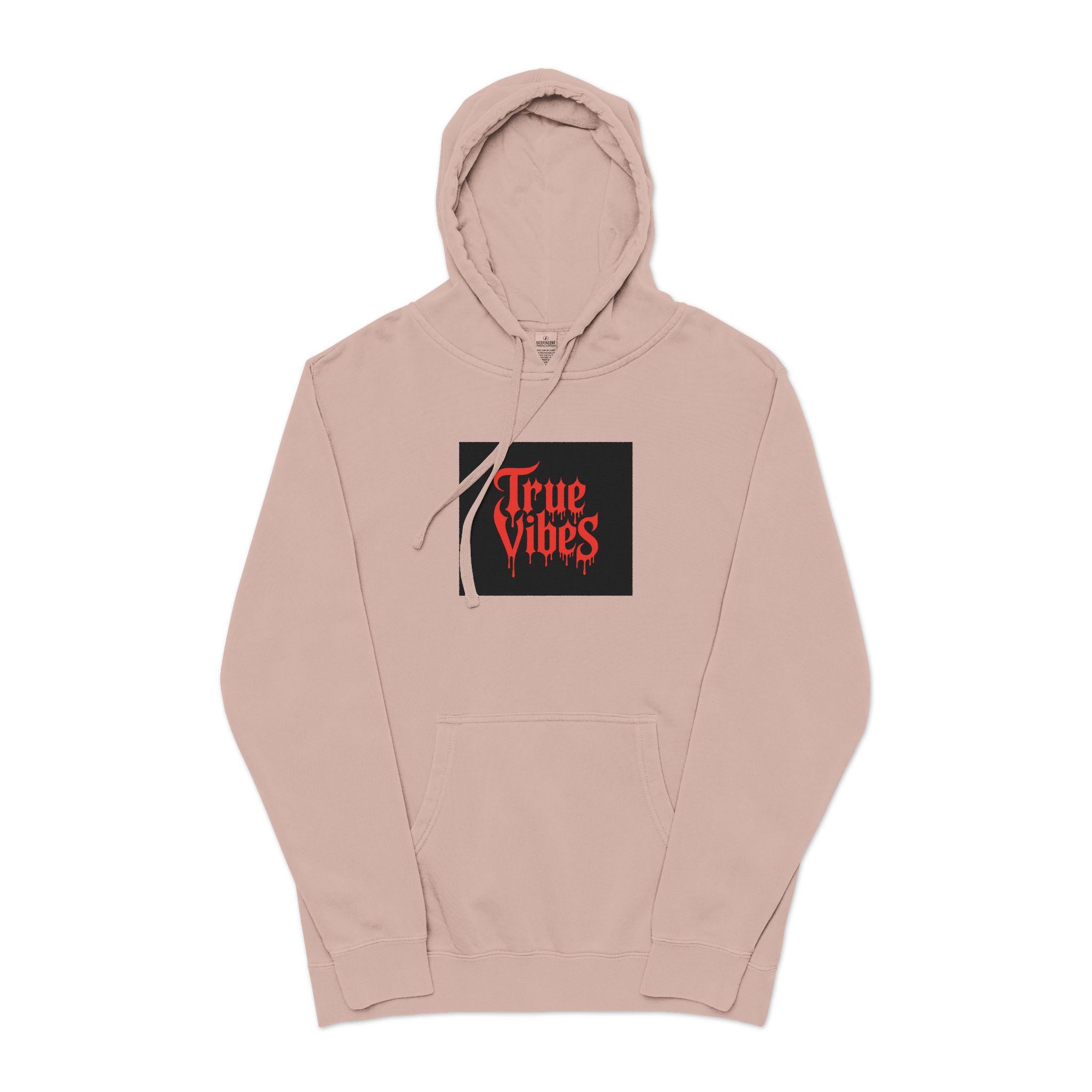 True Vibes Bold Red Gothic Drip Text Black Unisex Pigment Dyed Hoodie Embroidery