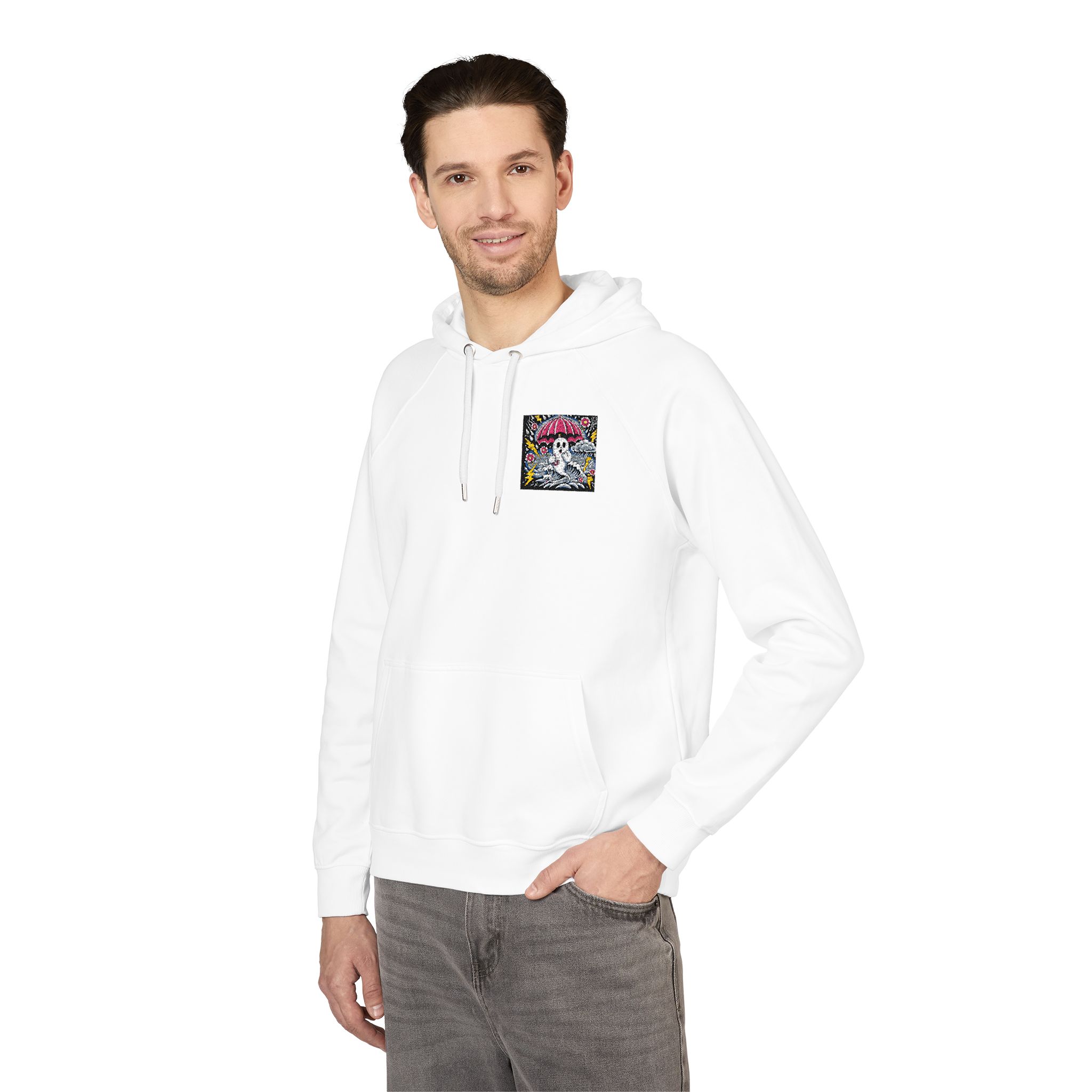 White Ghost With Pink Umbrella Lightning Bolt Unisex Eco Raglan Hoodie Embroidery - Image 4