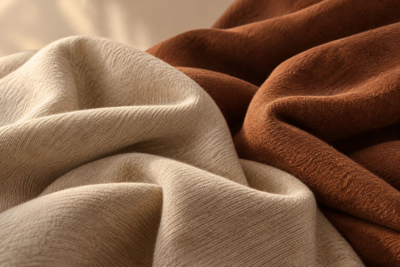 sculptural folds of oat and rust cotton fleece fabric in warm studio light, close texture detail, no garments